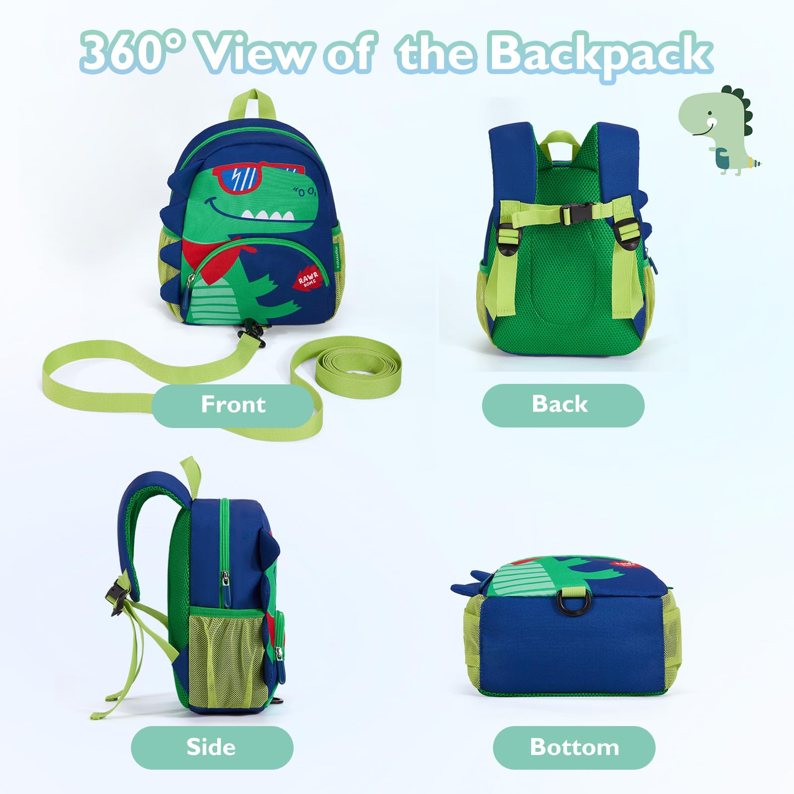 Mommore Dinosaur Toddler Backpack for Boys 2-4 Years - 3D Cartoon Kids Travel Bag with Safety Leash & Adjustable Chest Strap, Water-Resistant Pre-K School Backpack - Perfect for Daycare, Travel & Preschool Adventures