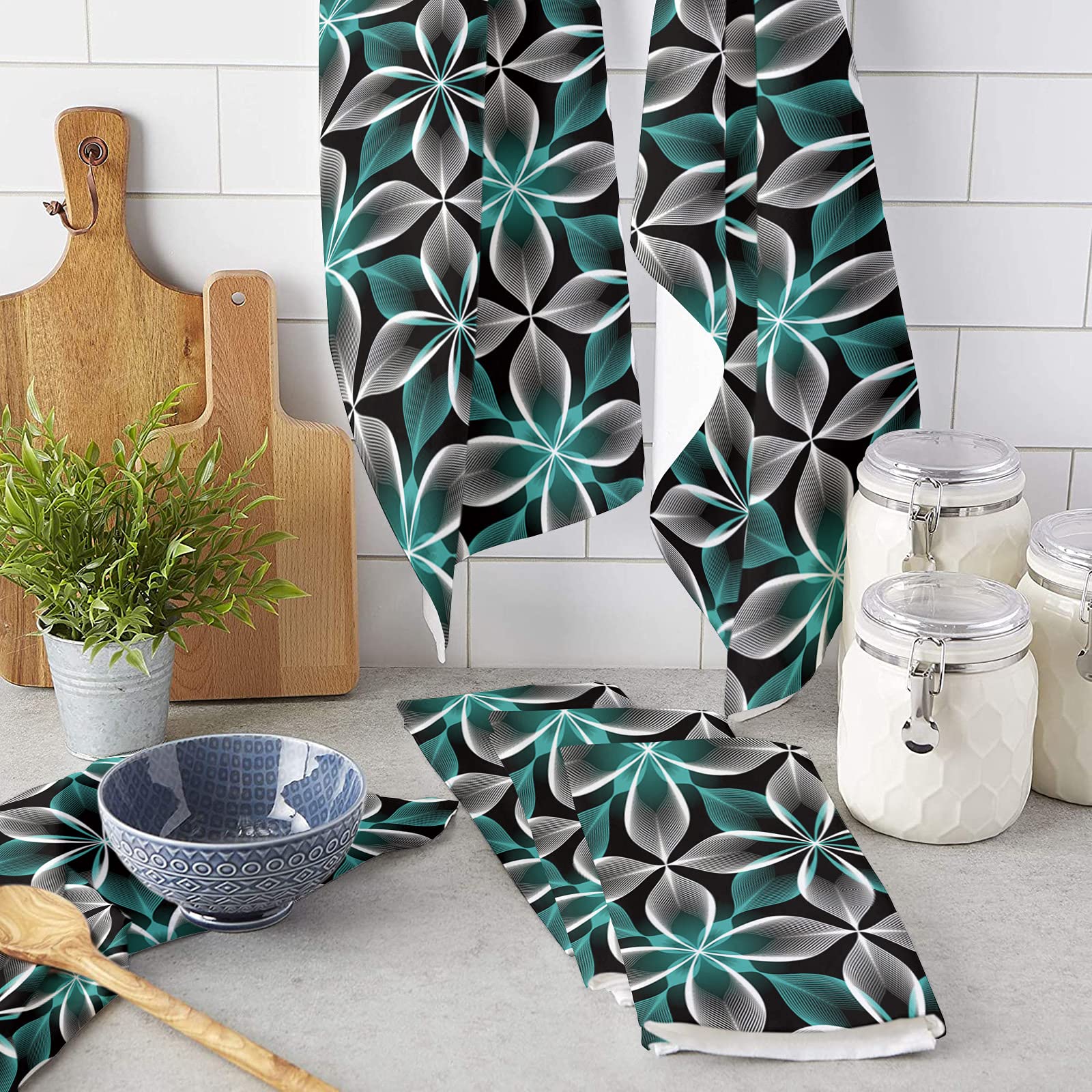 Premium Absorbent Microfiber Kitchen Towels Set of 4 - Modern Floral Design, Soft Reusable Dish Cloths for Cooking, Cleaning & Decor | Ideal for Kitchen, Bathroom & Bar Use | Nonstick, Oil-Resistant & Machine Washable