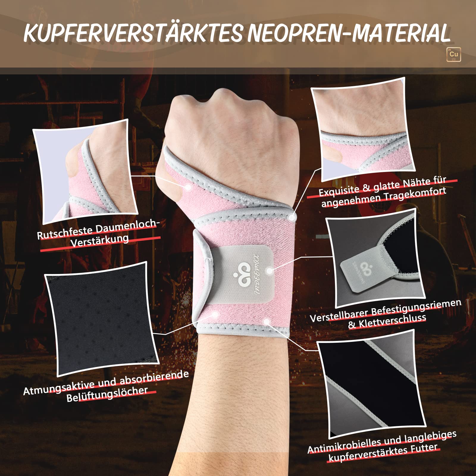 INDEEMAX 1 Pack Copper Wrist Brace for Men & Women - Adjustable Compression Wrist Support for Carpal Tunnel, Arthritis Pain Relief - Left & Right Hand - Ideal for Typing, Gaming & Sports Activities
