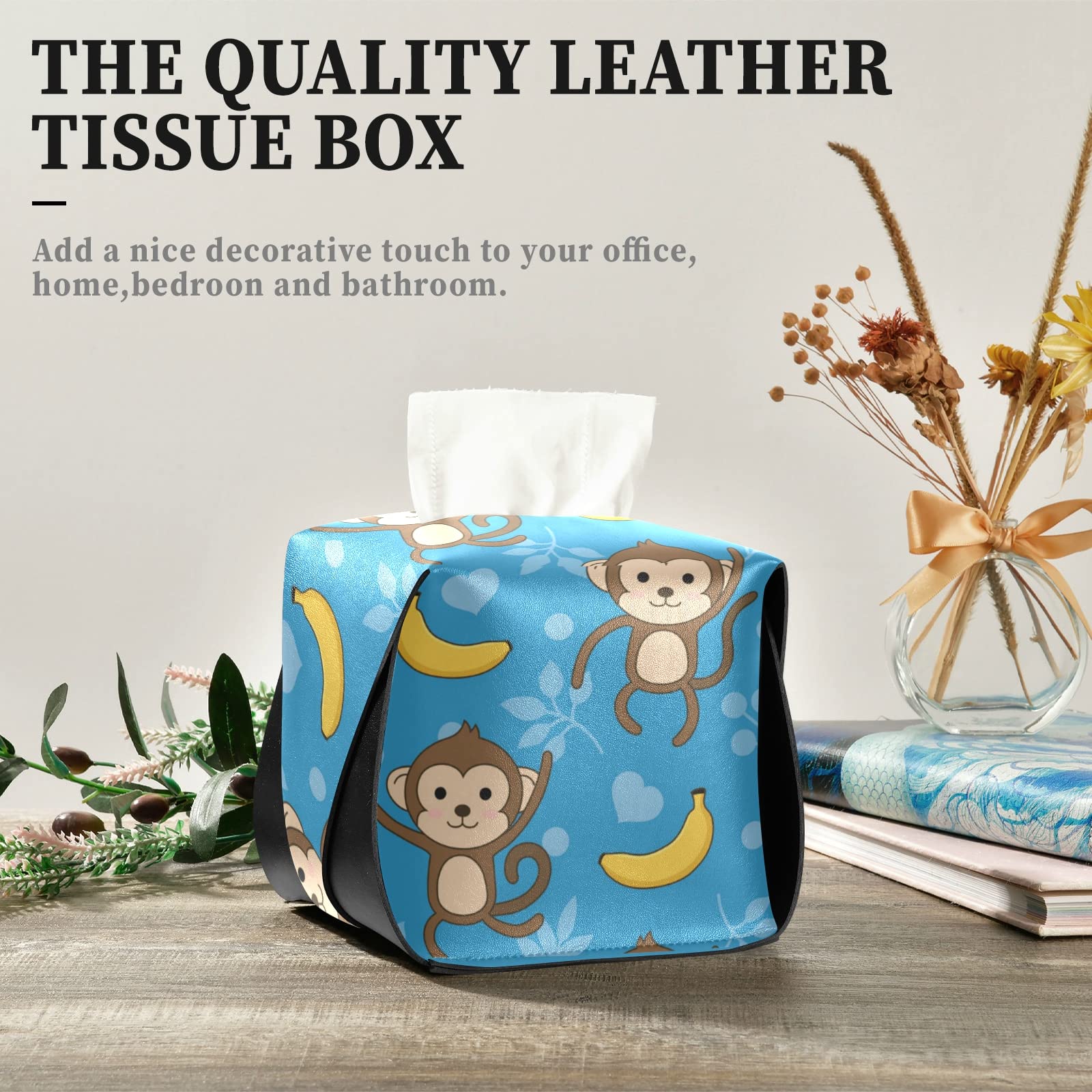 Cute Cartoon Monkey Tissue Box Cover - Rectangular Leather Tissue Holder with Handle for Facial Tissues | Perfect for Nightstands, Bathroom Vanity, Countertops, Desks & Bedroom Decor