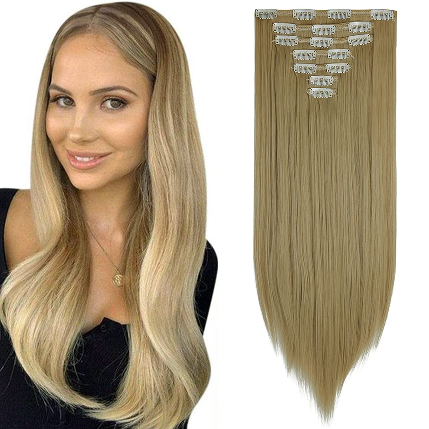 7PCS 16 Clips Long Straight Synthetic Hair Extensions for Women - Thick Full Head Double Weft Hairpieces in Ash Blonde | Perfect for Daily Styling, Parties & Special Occasions