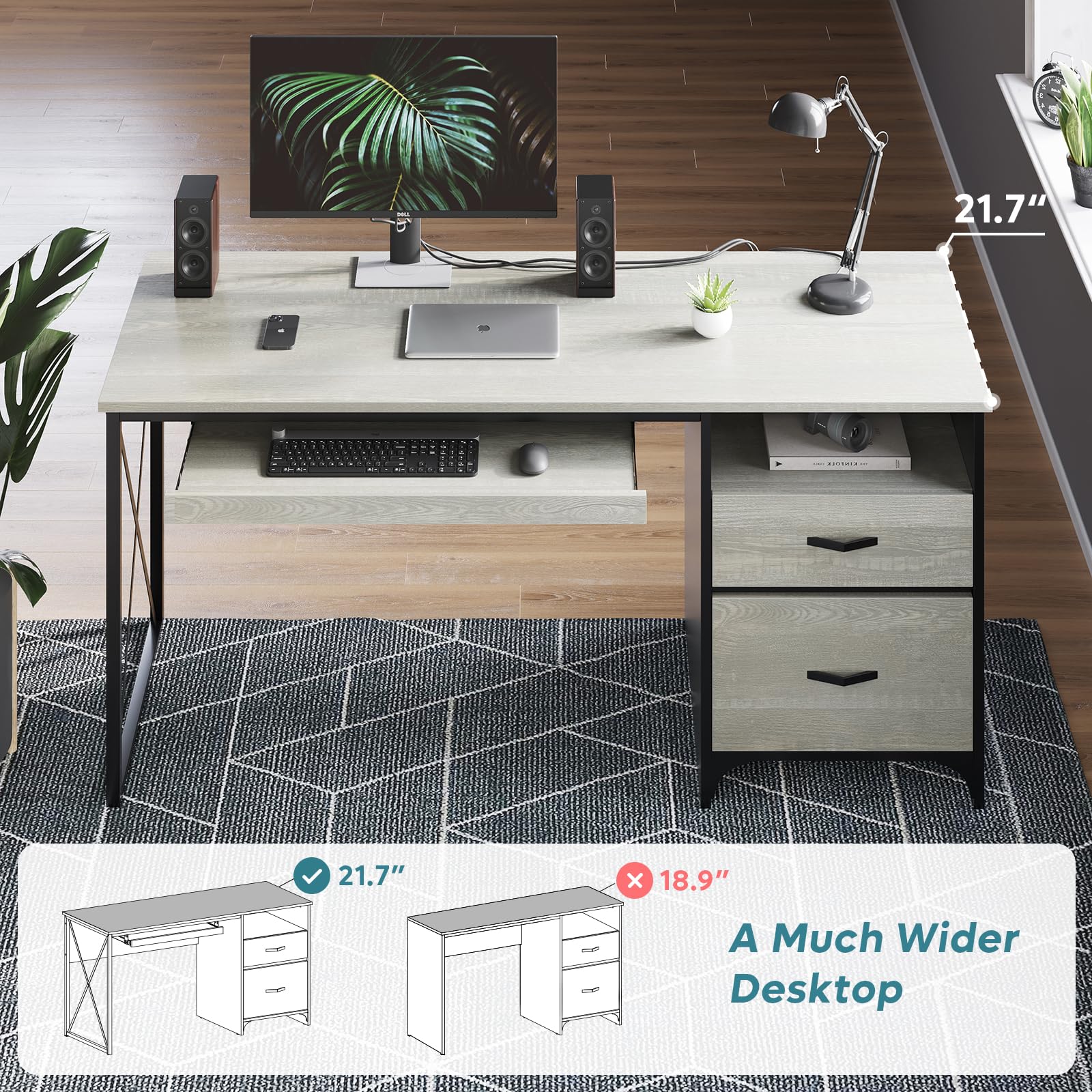 Bestier 55 Inch Industrial Office Desk with Drawers & Keyboard Tray - Wooden Computer Desk with Storage Shelf & File Drawer - Home Office Desk for Work, Study & Gaming - Wash White Finish