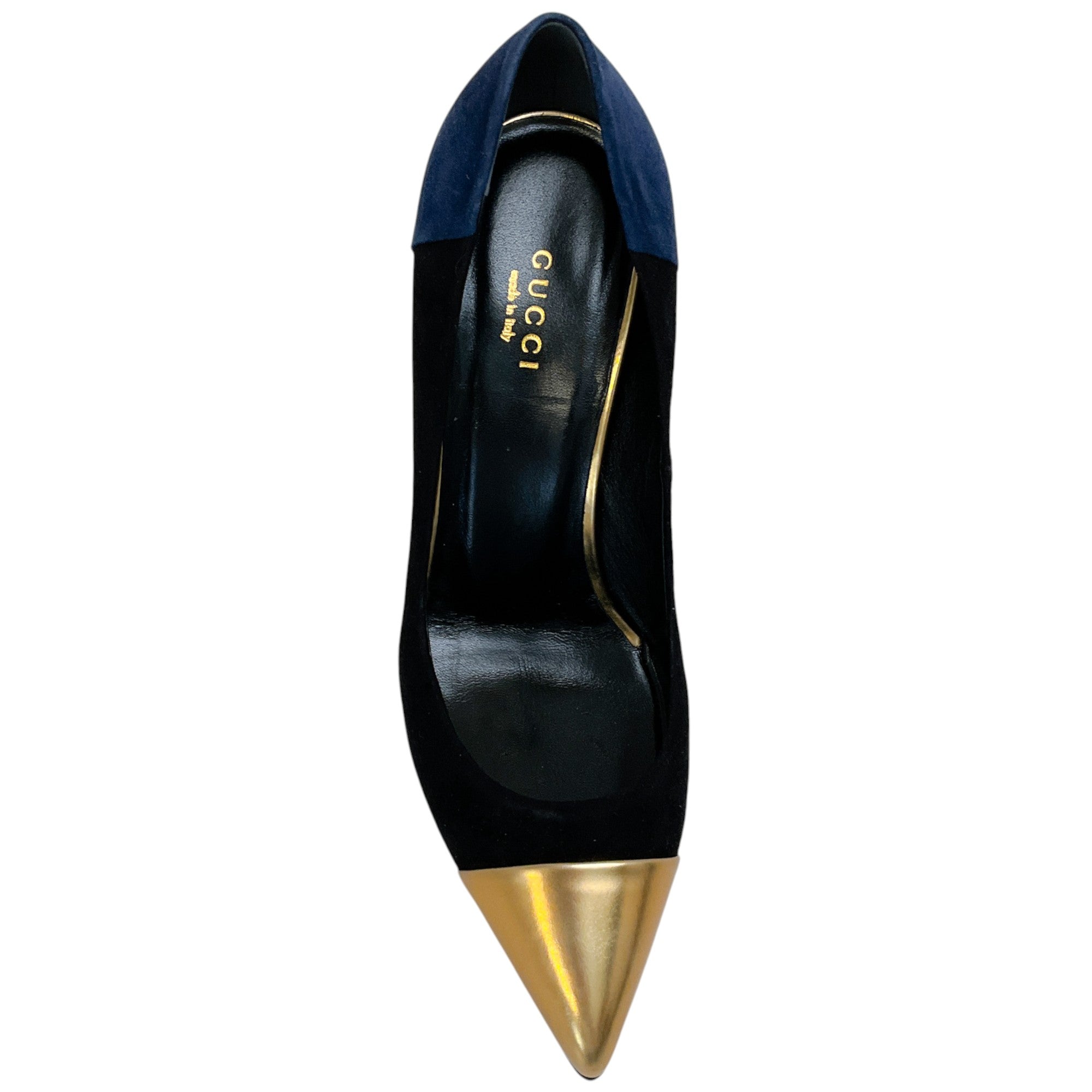Gucci Black & Navy Suede Pumps with Gold Leather Cap Toe - Women's Luxury Dress Shoes for Parties, Weddings & Formal Events