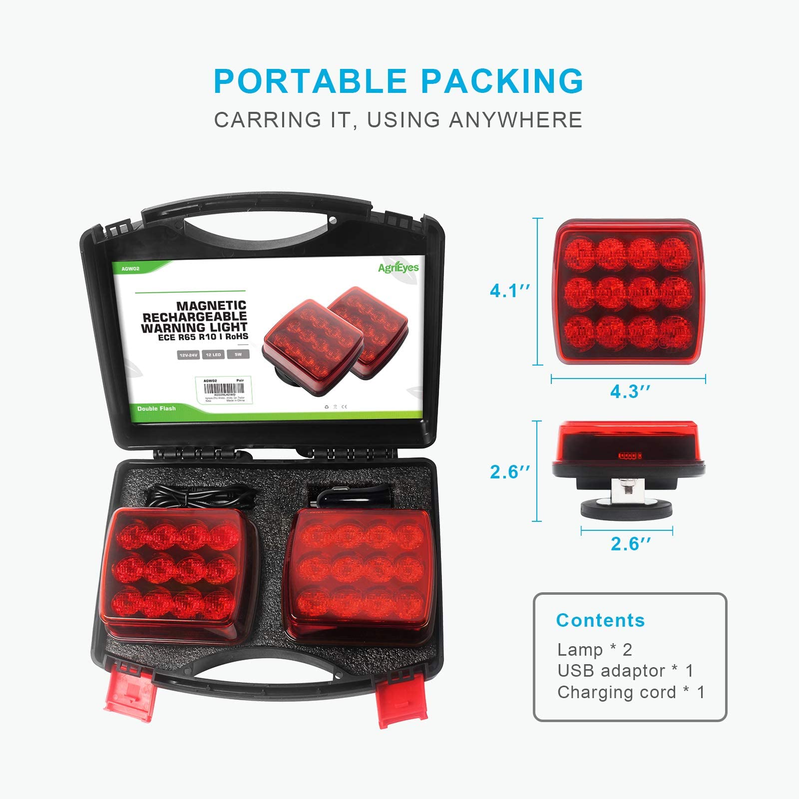 Agrieyes Emergency Strobe Light Kit - 4.2 Inch Magnetic Rechargeable Red LED Warning Beacon for Tractors, Trucks, Boats & Emergency Vehicles | Safety Hazard Lights for Roadside, Construction & Marine Use
