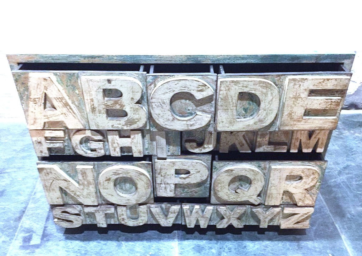 Hand Carved Wooden Sideboard Alphabet Chest - 9 Drawers Dresser for Bedroom & Living Room Storage - Perfect for Organizing Clothes, Toys, and Home Decor