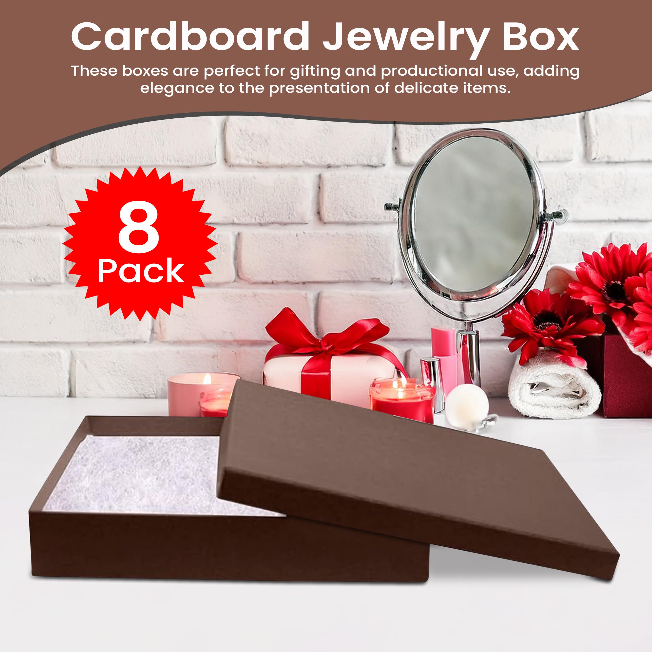 8 Pack Chocolate Jewelry Gift Boxes 7x5x1.25 Inches - Premium Cotton Filled Cardboard Jewelry Storage Box with Lids - USA Made Bracelet, Necklace, Ring & Earring Gift Packaging - Perfect for Valentine's Day, Birthday Gifts & Jewelry Business Display