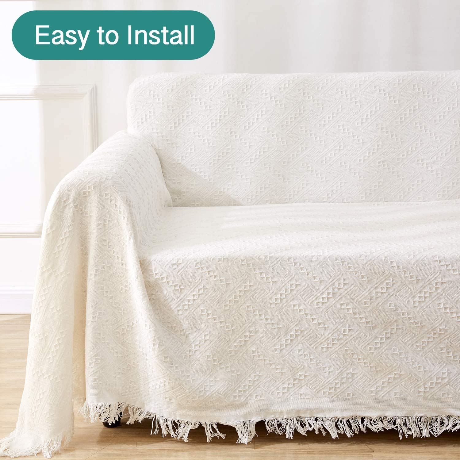 Rose Home Fashion Geometric Jacquard Sectional Sofa Cover - 2-Piece Washable L-Shaped Couch Protector with Tassels, Pet-Friendly Furniture Protector for Dogs (X-Large, Beige-White) | Perfect for Living Room, Family Room & Pet Owners