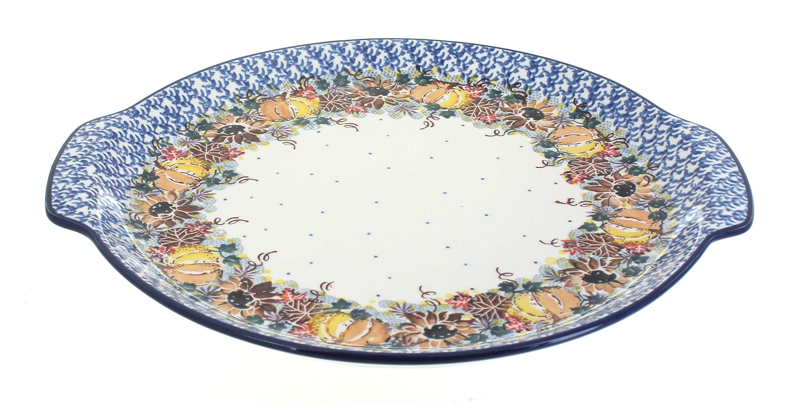 Handmade Blue Rose Polish Pottery Serving Tray - Round Harvest Bounty Design with Sturdy Handles - Perfect for Thanksgiving Dinner, Holiday Entertaining & Farmhouse Decor