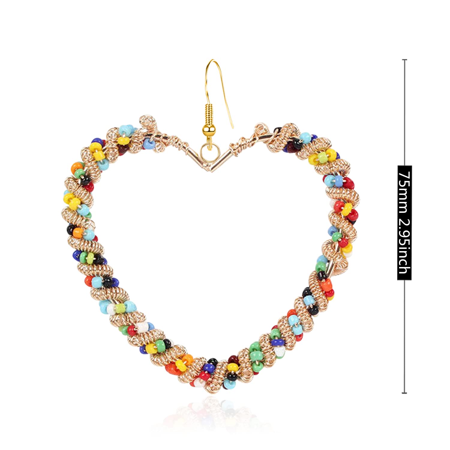 Handmade Boho Colorful Love Heart Beaded Hoop Earrings for Women - Bohemian Circle Round Beaded Dangle Drop Earrings, Unique Chic Oval Geometry Jewelry - Perfect for Festival, Wedding, Party & Funny Gift Giving