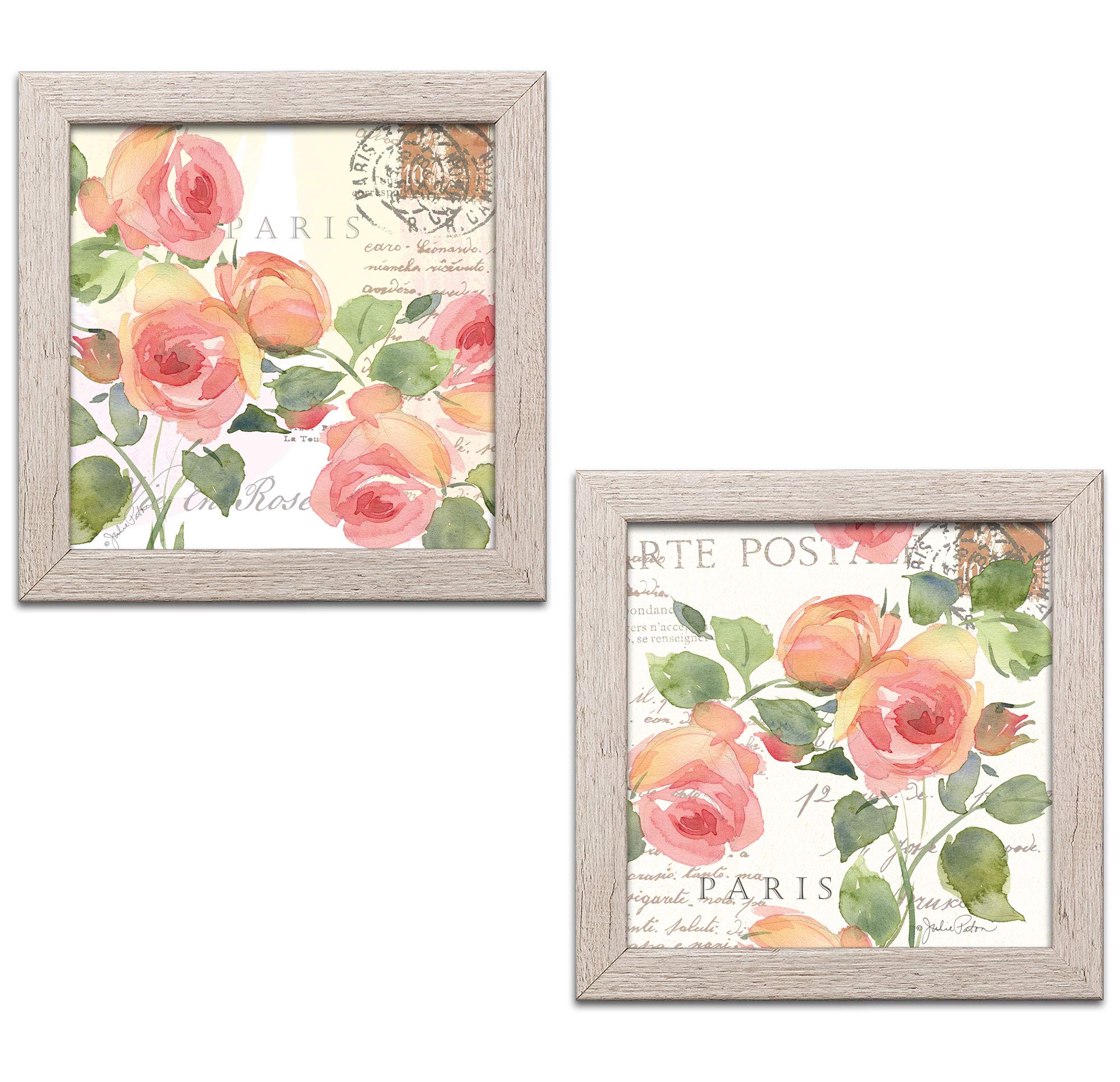 Paris Watercolor Style Pink Roses Floral Décor - Set of Two 12x12 Inch Distressed Wood Frames for Wall Art, Home Decor, and Wedding Decorations