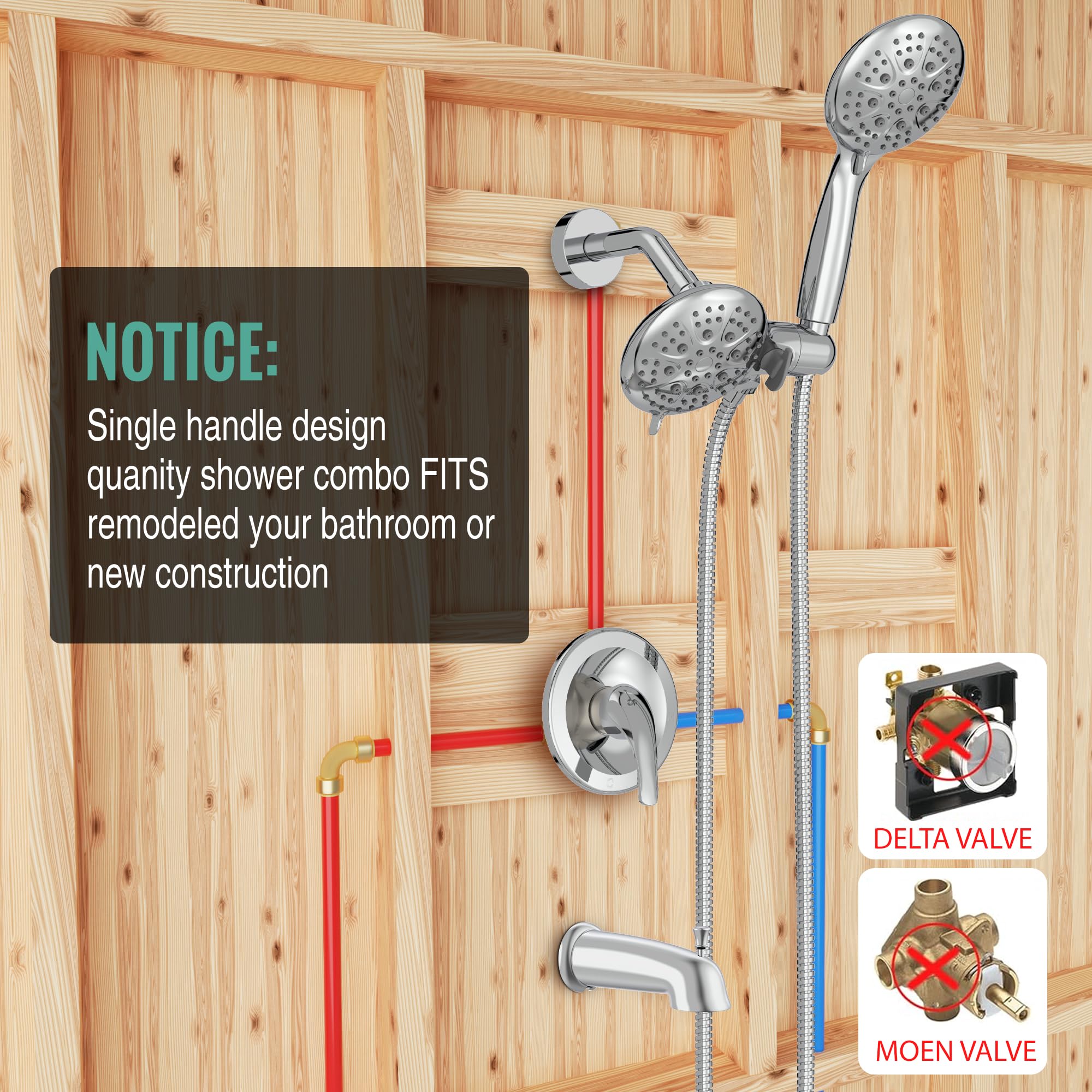 SR SUN RISE 35-Function High Pressure Shower System with Rain Shower Head & Tub Spout - 2-in-1 Dual Shower Combo Faucet Set with 3-Way Diverter Valve - Polished Chrome Finish for Bathroom & Spa Relaxation