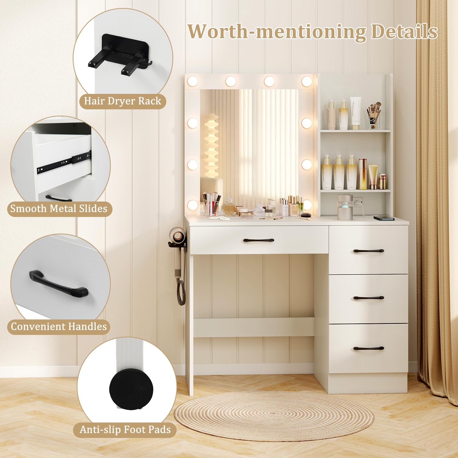 Charmaid White Vanity Desk with Mirror, LED Lights & Charging Station - Modern Makeup Dressing Table with 4 Drawers & 2 Shelves, 3-Color Adjustable Lighting - Perfect for Bedroom, Home Salon & Beauty Room Organization