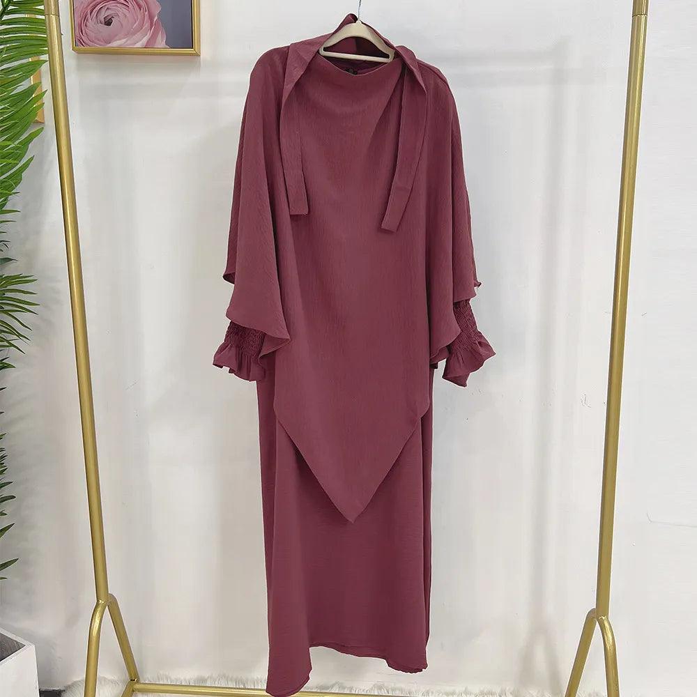 2-Piece Abaya Khimar Set - Long Triangle Hijab & Smocked Cuff Dress for Women | Islamic Modest Wear for Prayer, Mosque & Special Occasions