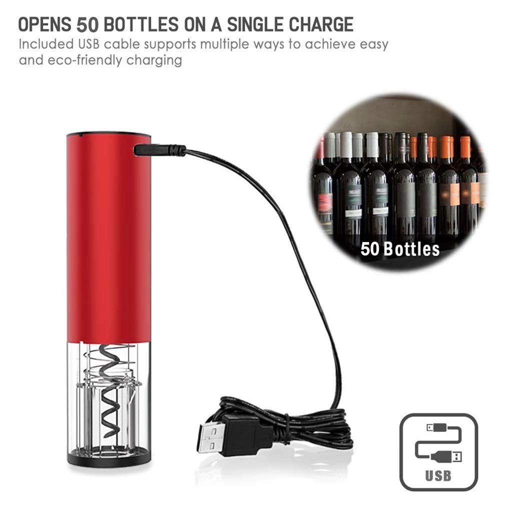 Premium Electric Wine Opener - Automatic Cordless Corkscrew with Foil Cutter & Rechargeable Battery - Stainless Steel Professional Bottle Opener Set (Red) - Perfect for Dinner Parties, Gifts & Home Bars
