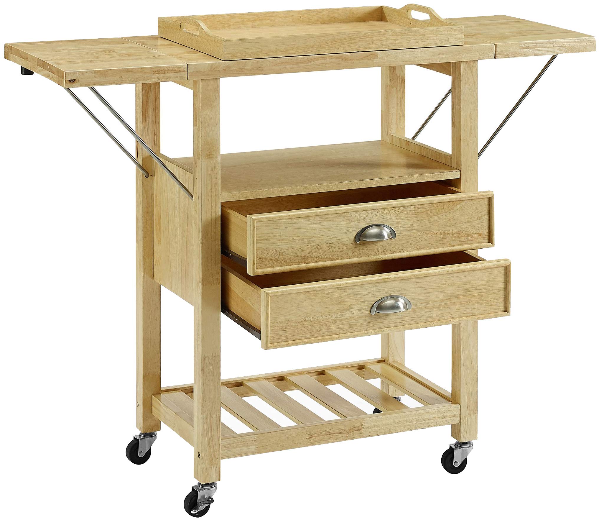 Crosley Bristol Drop Leaf Rolling Kitchen Cart with Serving Tray & Shelves - Microwave Stand, Storage Organizer for Small Spaces, Natural Wood - Perfect for Apartments, Dorms & Compact Kitchens