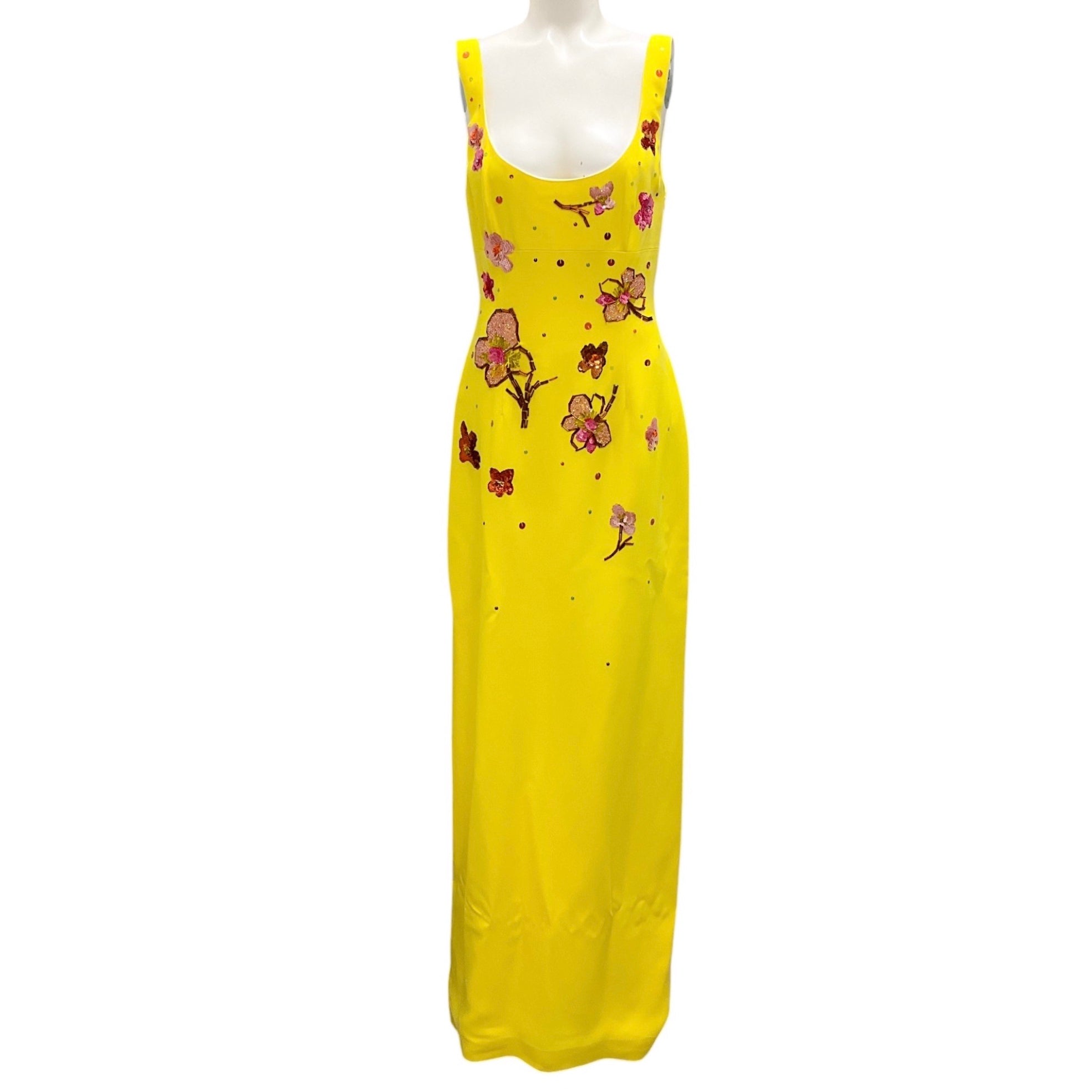 Marni Yellow & Pink 2022 Floral Embellished Sleeveless Crepe Gown - Elegant Evening Dress for Weddings, Galas & Special Occasions