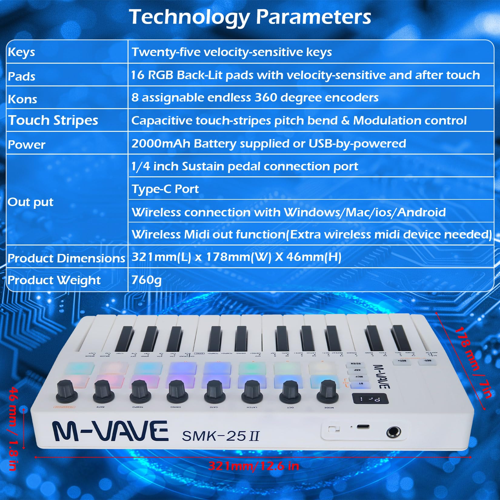 25-Key Backlit Drum Pad MIDI Keyboard Controller – Professional Beat Maker & Keytar for Music Production with Wireless Connectivity & Built-in Battery (White) | Perfect for Studio Recording, Live Performances & DJ Sets