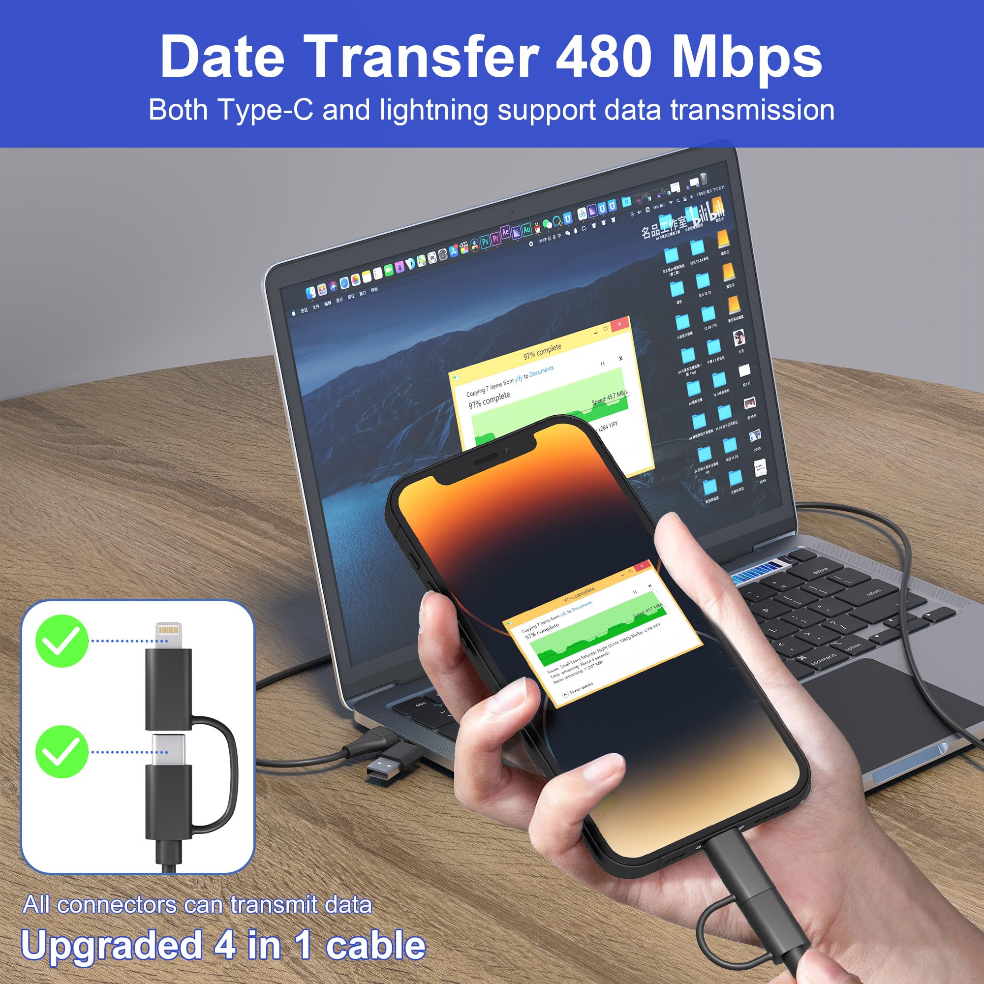 4-in-1 USB C & Lightning Charging Cable 60W PD Fast Charge with MFi Certification - Short Coiled Cable for iPhone 15/14, Android, iPad, Laptop - Supports CarPlay & Android Auto - Perfect for Car, Home & Office Charging