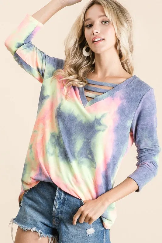 BiBi Tie Dye French Terry V-Neck Strapped T-Shirt for Women | Soft Casual Summer Top | Perfect for Beach, Music Festivals & Everyday Wear