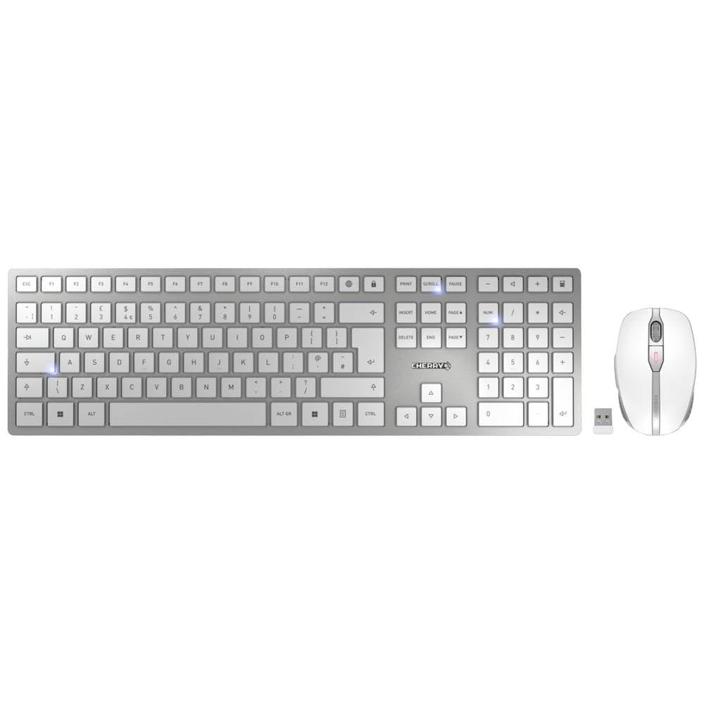 CHERRY DW 9100 SLIM Wireless Keyboard and Mouse Set - Bluetooth & 2.4GHz RF Rechargeable Desktop Combo with Quiet Keys, Flat Design (UK QWERTY Layout, Silver/White) for Office, Home & Gaming Use