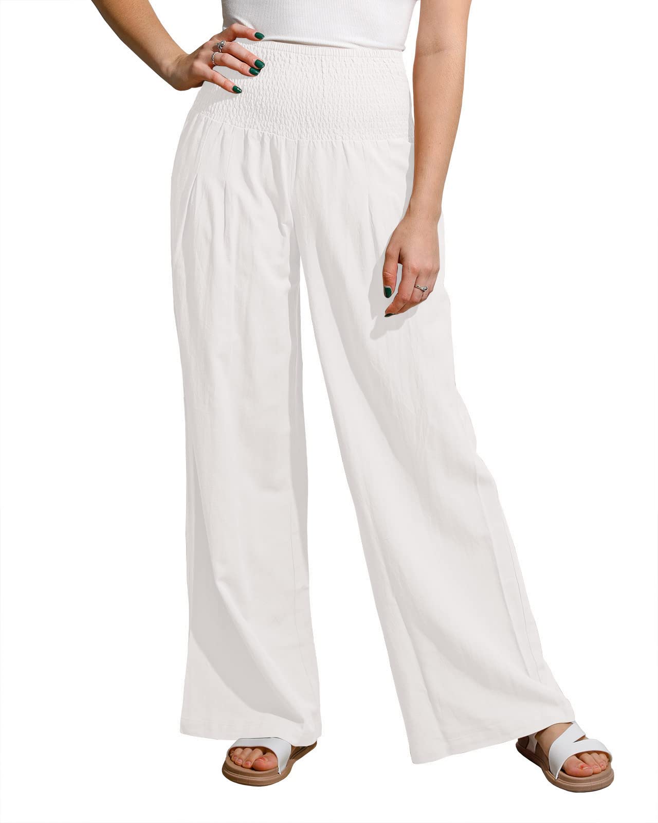 UTCoco Women's Wide Leg Linen Palazzo Pants - Casual Elastic Waist Loose Fit Trousers for Summer, Beach & Boho Style Outfits