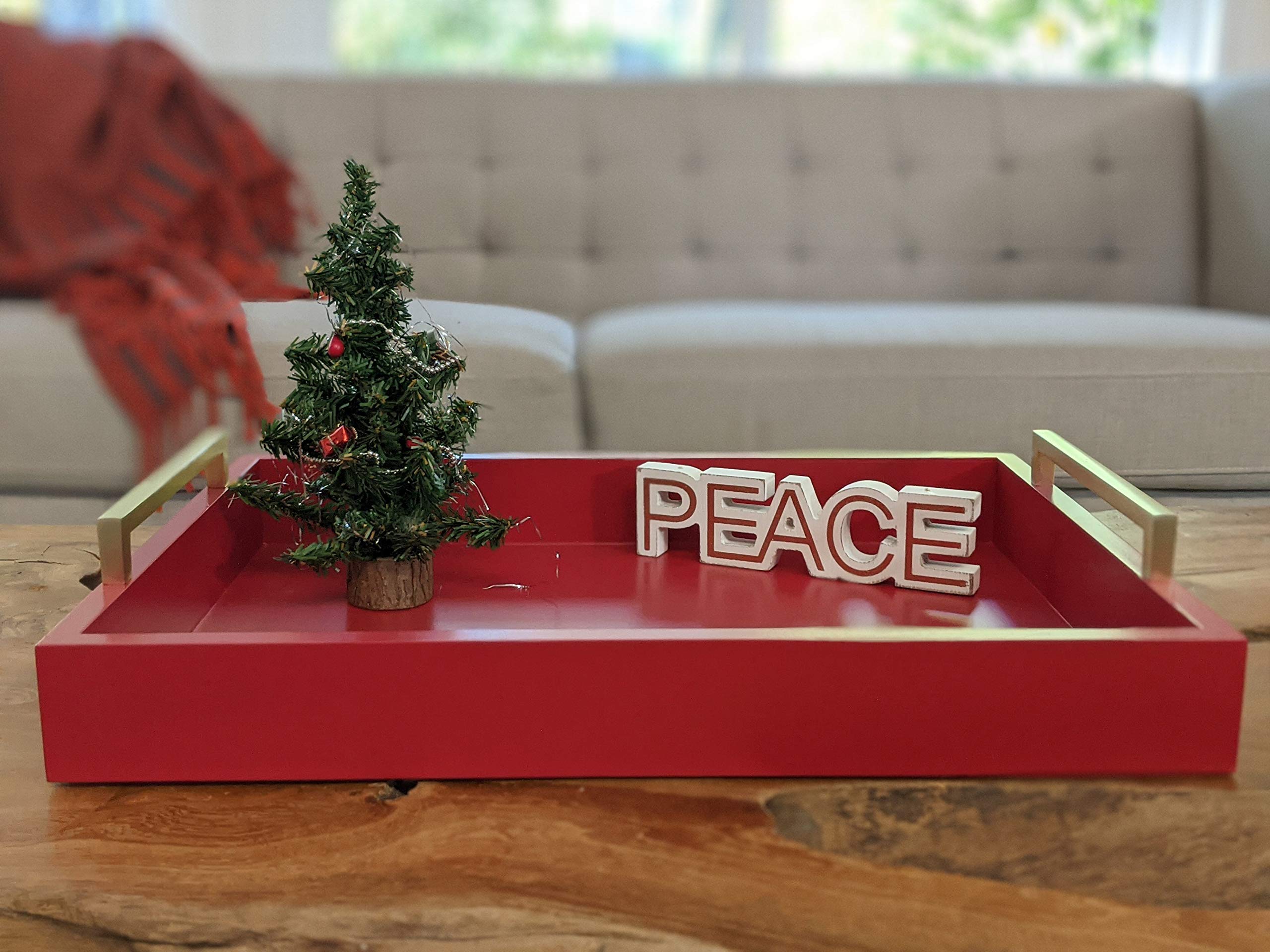 Farmhouse to Modern Decorative Coffee Table Tray with Champagne Gold Handles - Ottoman Serving Tray for Breakfast, Drinks & Liquor - Matte Finish Crimson Red - Perfect for Living Room, Bedroom & Home Decor