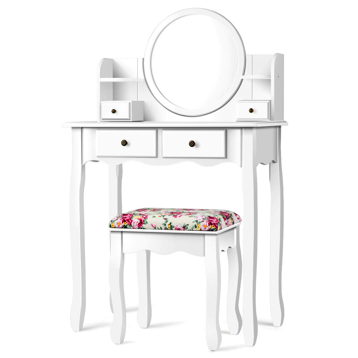 Charmaid Vanity Set with 4 Storage Shelves & 4 Drawers, Makeup Dressing Table with 360° Swivel Mirror, Cosmetic Organizers & Cushioned Stool - White Vanity Desk for Women & Girls | Perfect for Bedroom, Bathroom & Dressing Room Organization