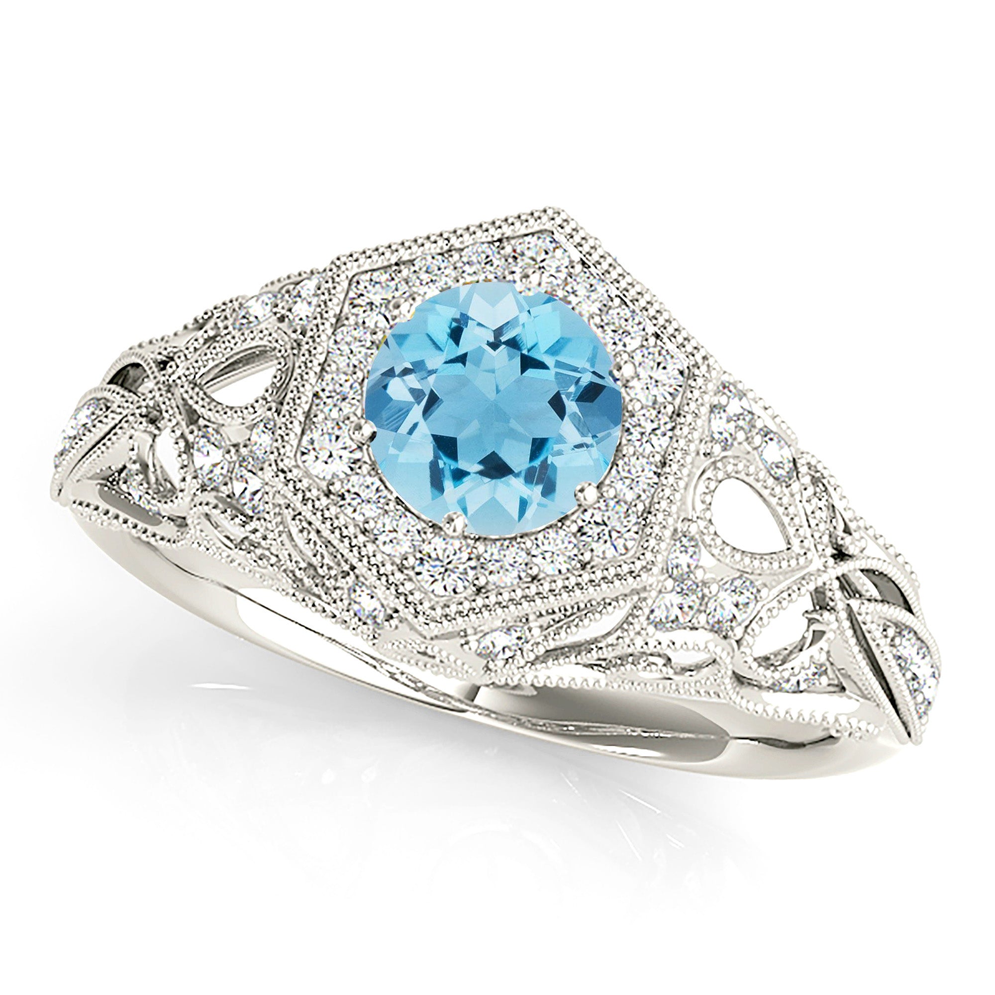 1.10 Ct Genuine Aquamarine Engagement Ring with Milgrain Halo & Diamond Accent Band - Elegant Wedding, Anniversary & Special Occasion Jewelry Gift for Women