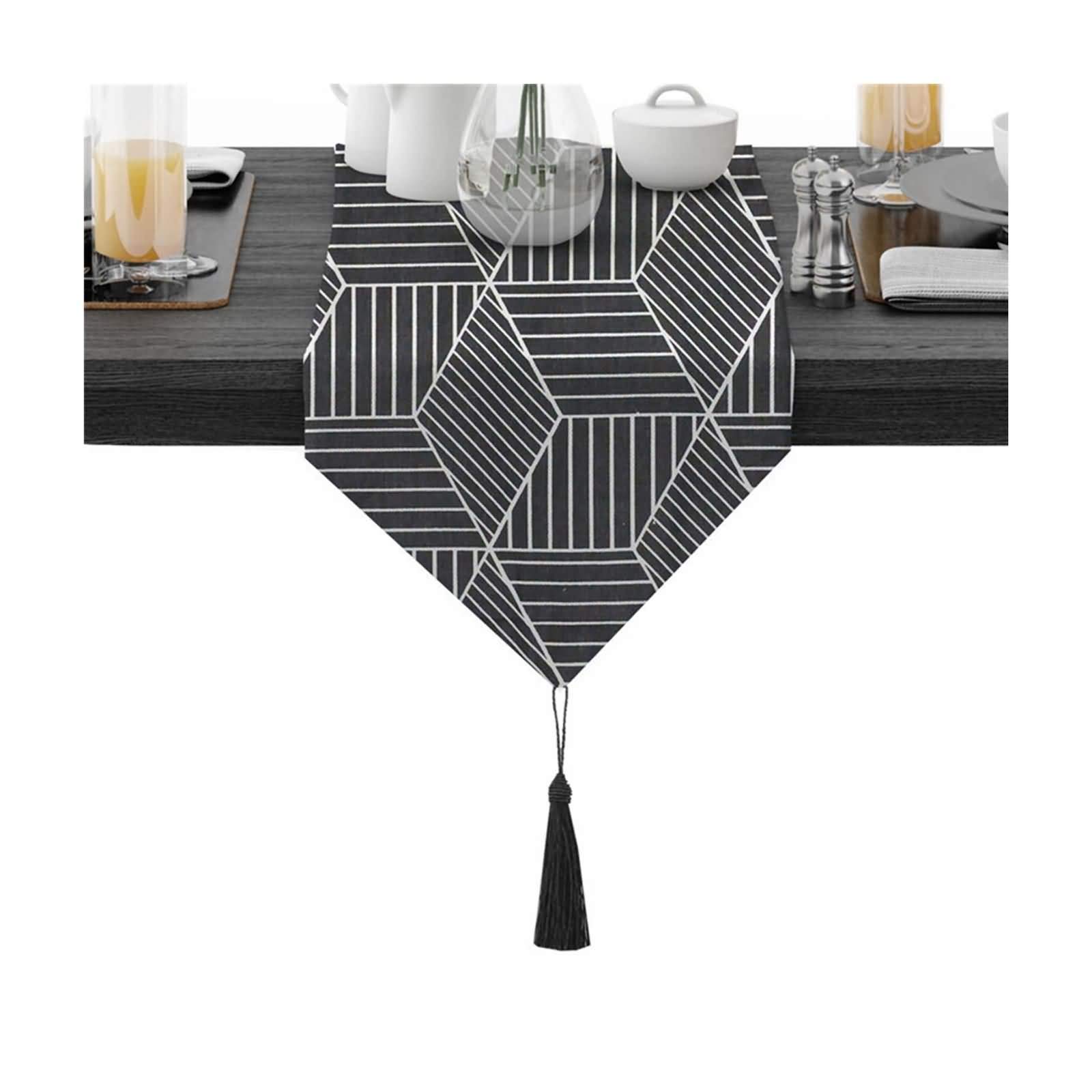 Black Cotton Table Runner with Geometric Pattern & Tassel - 11.5x94 Inches (30x240cm) - Elegant Wedding, Easter, Christmas & Holiday Party Decorations - Perfect for Dining Tables, Buffets, and Special Event Centerpieces