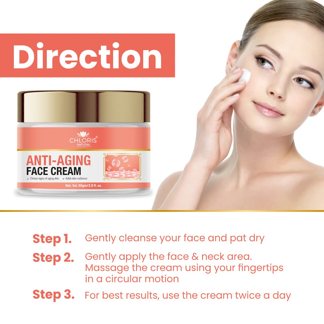 CHLORIS NATURAL Anti Aging Face Cream for Women - Collagen Boosting & Deep Moisturizing Firming Cream | 50gm | Reduces Wrinkles & Fine Lines | Day & Night Use for Youthful Glow | Perfect for Dry & Mature Skin Care Routine