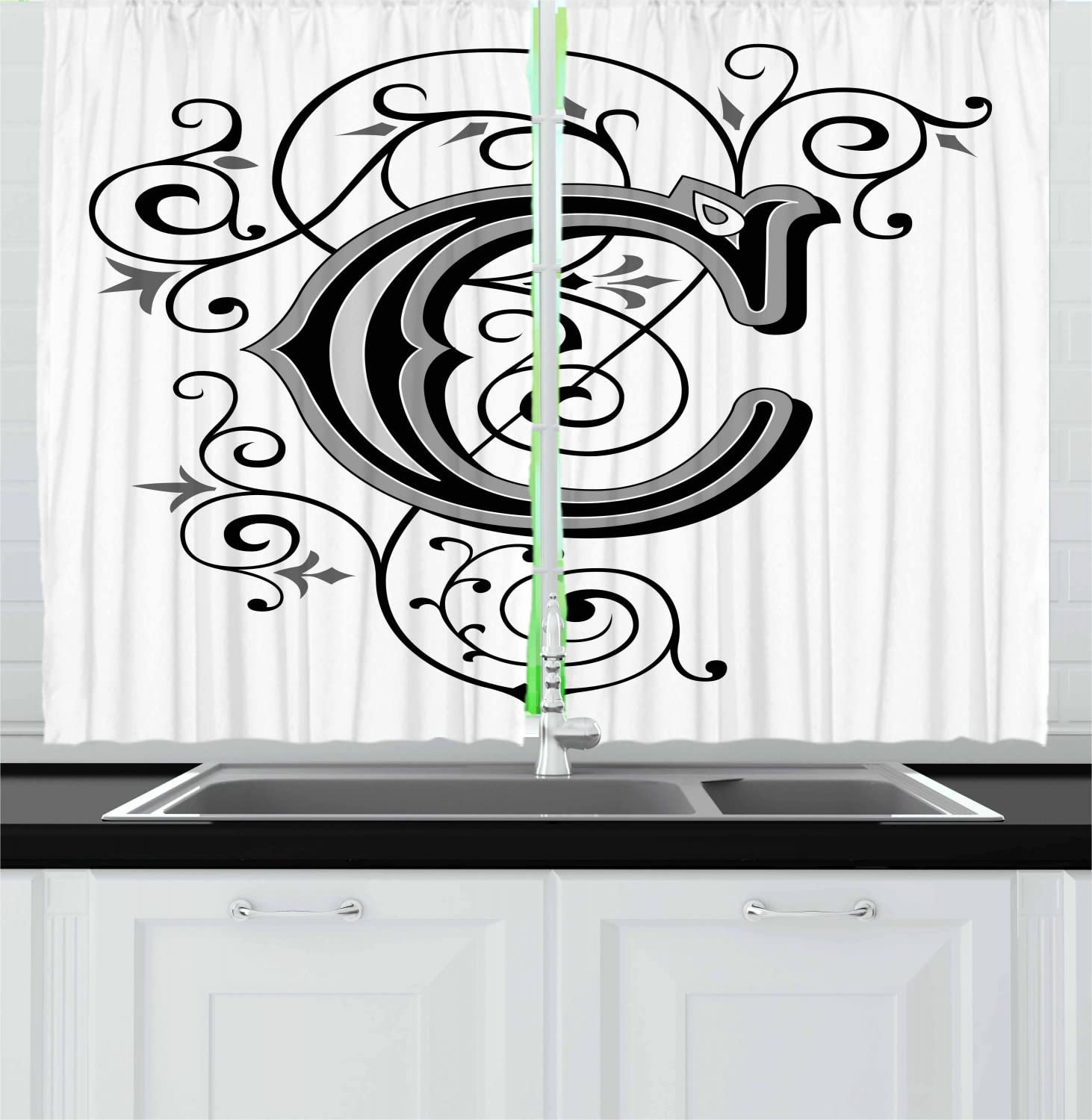 Ambesonne Gothic Style Letter C Kitchen Curtains - Victorian Inspired Vintage Floral Branches Design, 2 Panels with Rod Pocket, 55