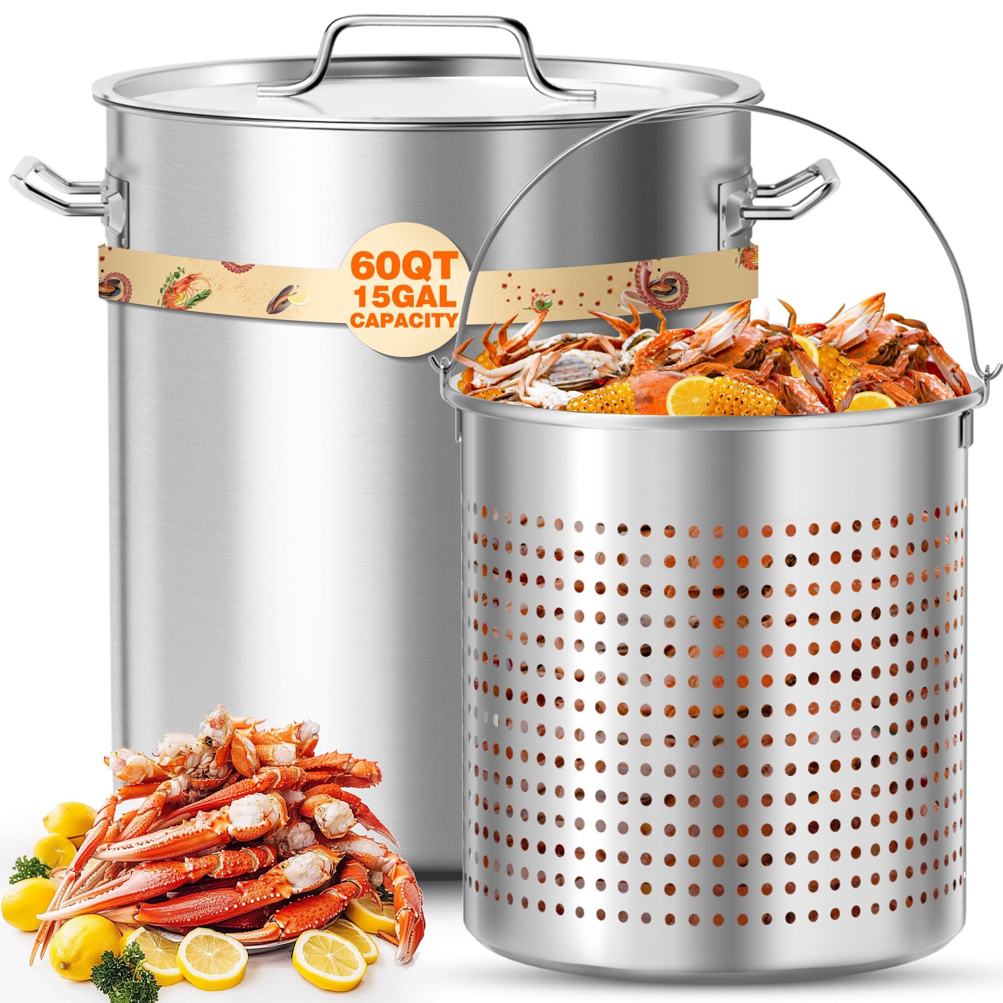 60QT Stainless Steel Seafood Boil Pot with Basket & Lid - Commercial Turkey Fryer for Crab, Lobster, Crayfish & Shrimp - Outdoor Cooking & Large Gatherings (21.7