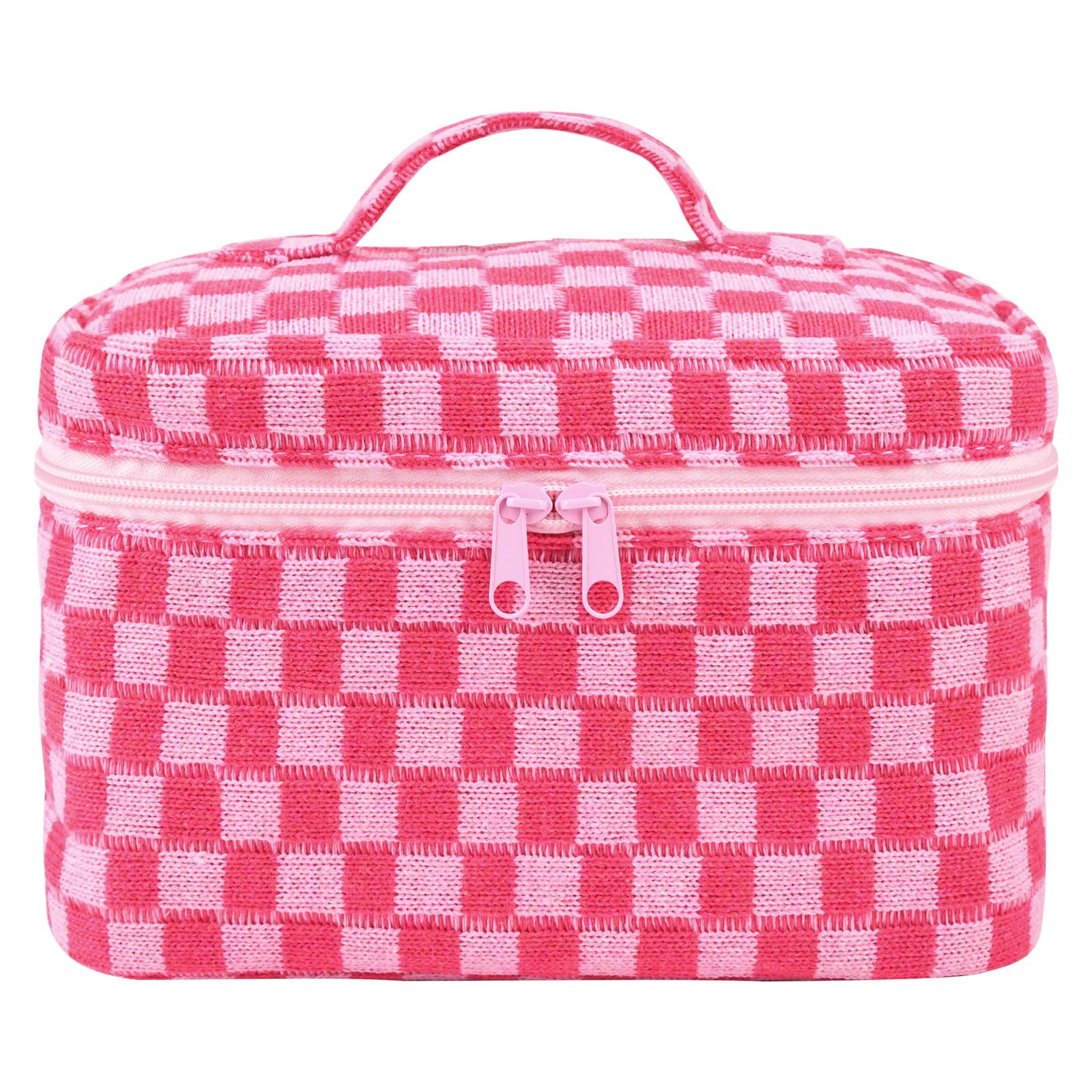 Quilted Makeup Bag for Women - Large Cute Cosmetic Organizer with Checkered Coquette Aesthetic, Perfect Travel Toiletry & Skincare Bag for Girls | Ideal for Travel, Gym, and Daily Beauty Essentials