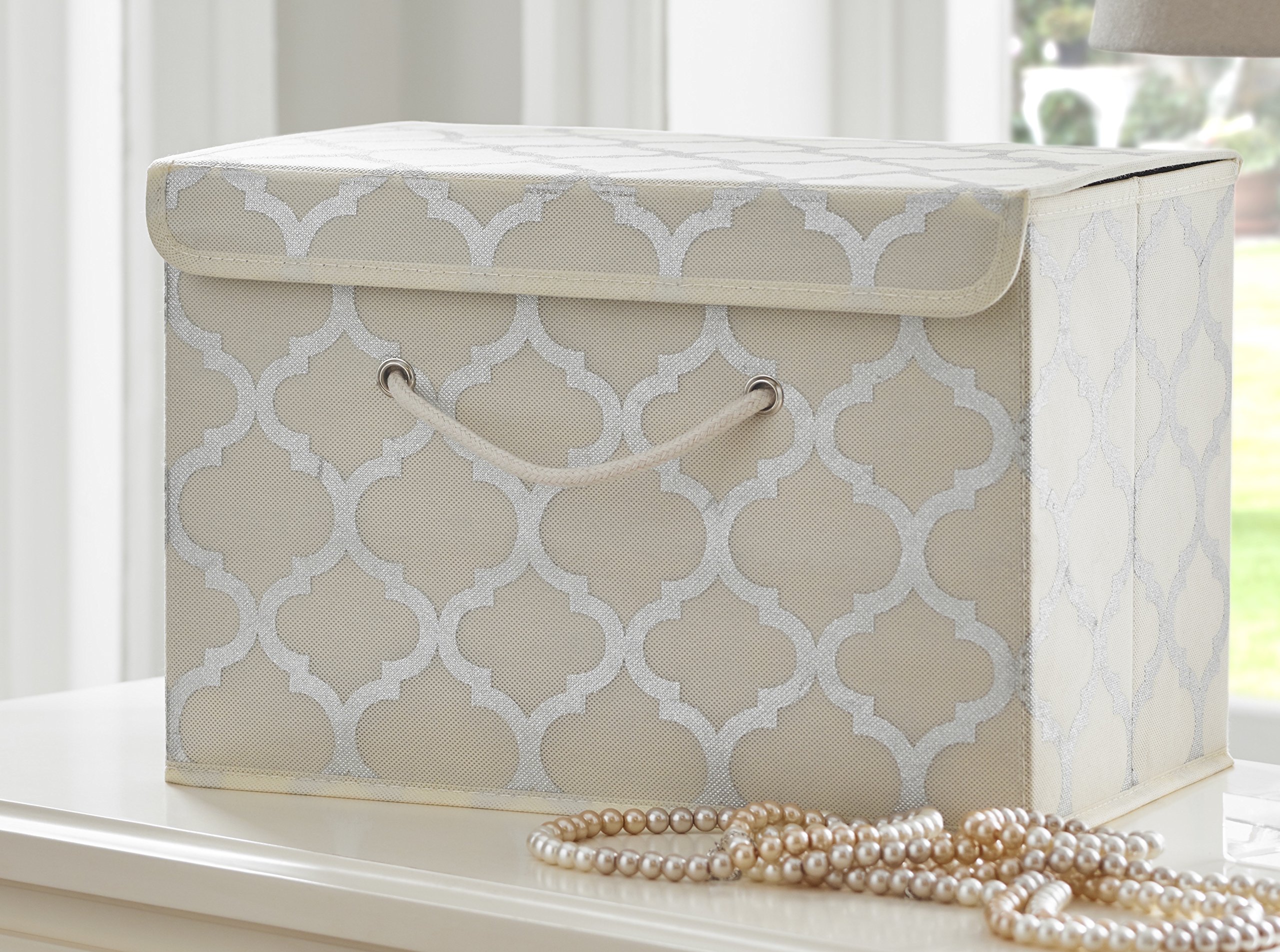 Premium Cream & Metallic Fabric Storage Boxes with Lids - Stackable, Foldable Organizer for Wardrobe, Closet, Bedroom, Office | 2-Pack 14.6