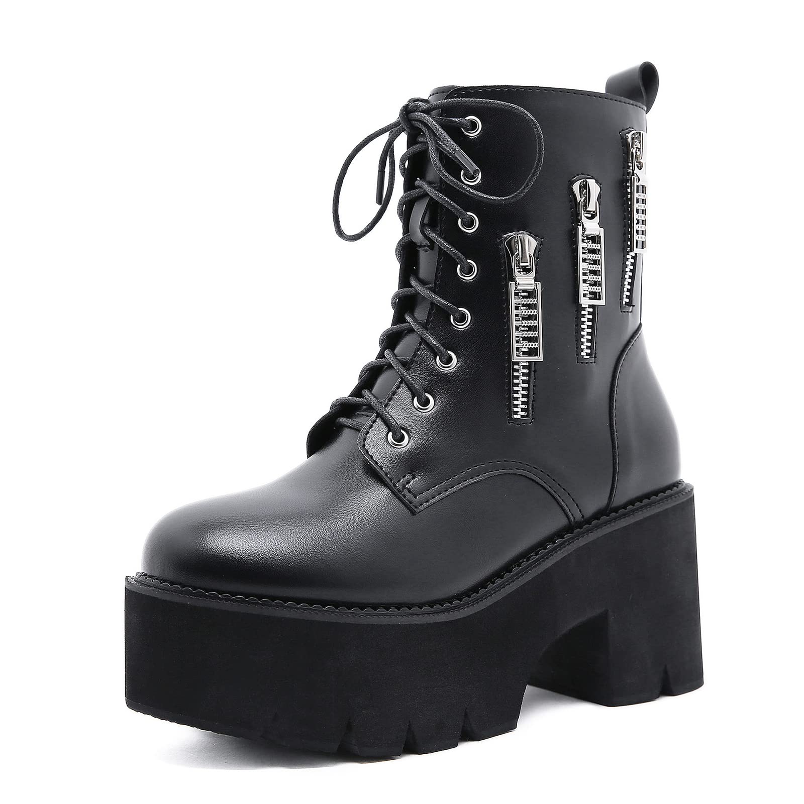 Women's Chunky Block Heel Platform Ankle Boots - Punk Combat Military Gothic Biker Booties with Lace Up & Zip Closure | Perfect for Edgy Streetwear, Night Out & Alternative Fashion Outfits