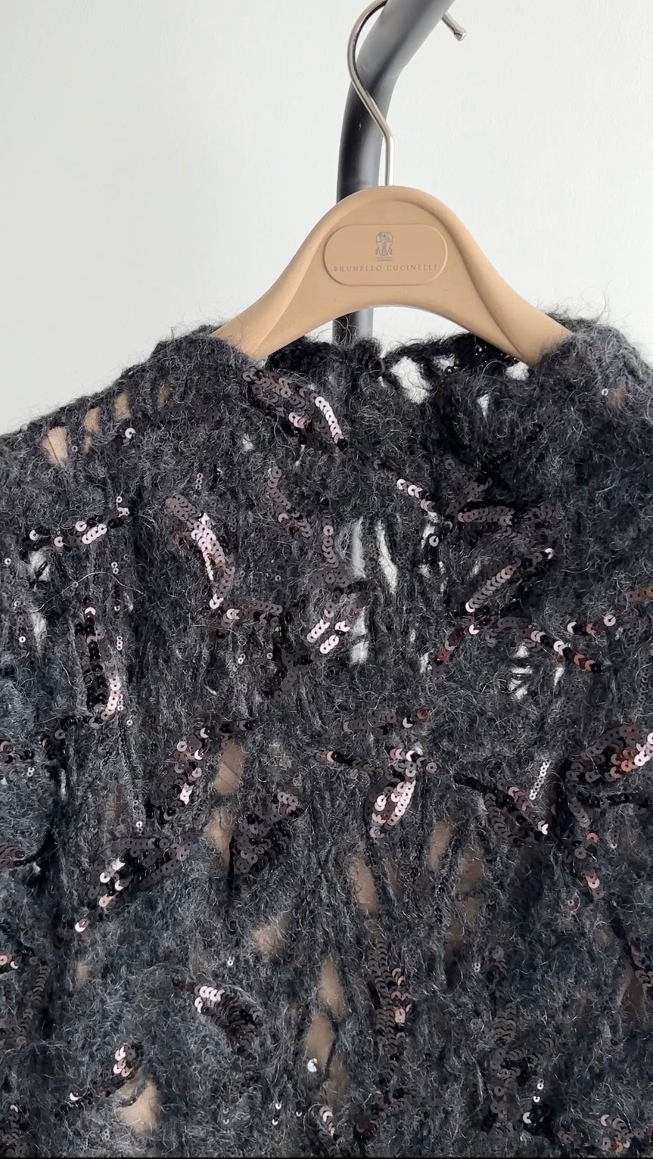 Brunello Cucinelli Black Mohair Sequin Knit Long Dress with Silk Slip - Size S (6) | Elegant Evening Gown for Parties, Weddings & Special Occasions