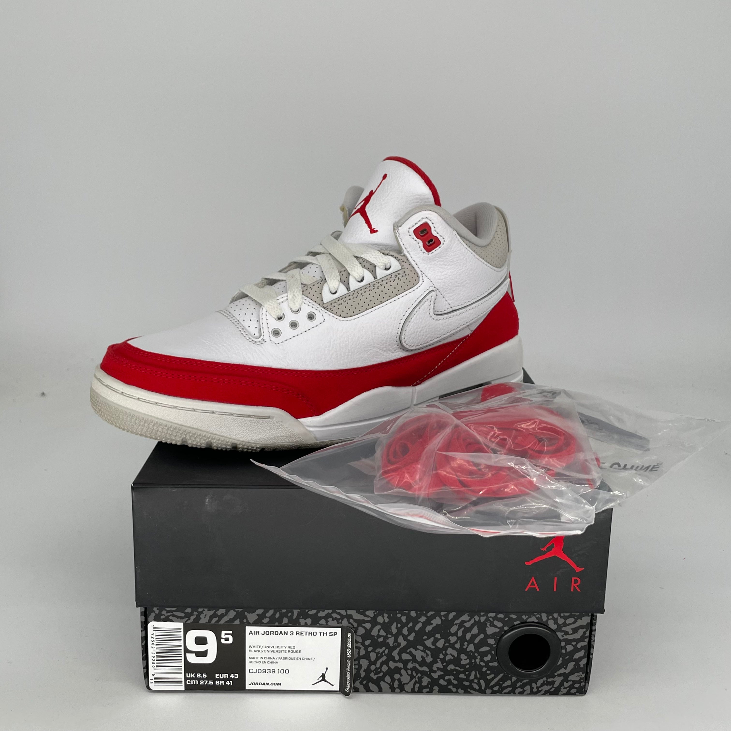 Air Jordan 3 Tinker White University Red Men's Basketball Shoes Size 9.5 - Authentic Retro Sneakers for Running, Gym & Streetwear Fashion (Style Code: CJ0939-100)