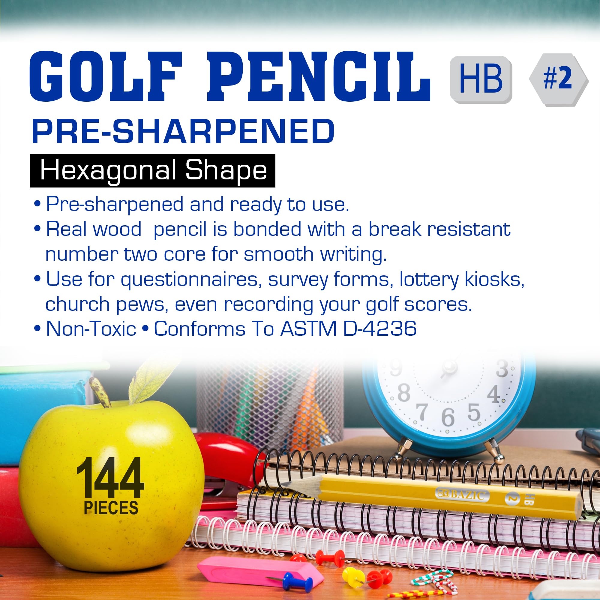 BAZIC #2 HB Pre-Sharpened Yellow Golf Pencils, Bulk 144-Pack (12 Packs) - Perfect for Schools, Offices, Exams & Scorekeeping