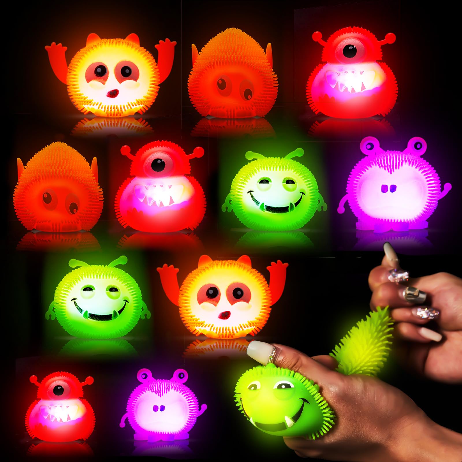 Glow in The Dark Puffer Balls - 50 Pack Sensory Stress Relief Toys for Kids, Light Up Bath Toys, Party Favors, Animal Stress Balls Set (Multi-Color) - Perfect for Birthday Parties, Sensory Play, Bath Time Fun & Stress Relief
