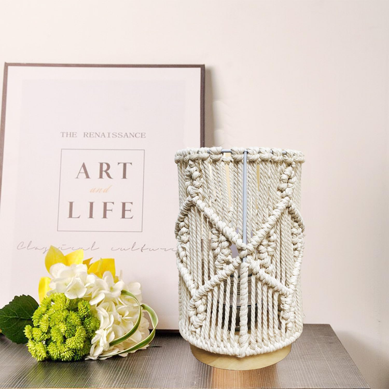 Boho Table Lamp with Hollow-Out Macrame Shade & Solid Wood Base - Handmade Decorative Night Light for Bedroom, Living Room, End Table - Includes Bulb (Creamy White) | Perfect for Cozy Reading Nooks, Romantic Bedside Lighting & Boho Home Decor