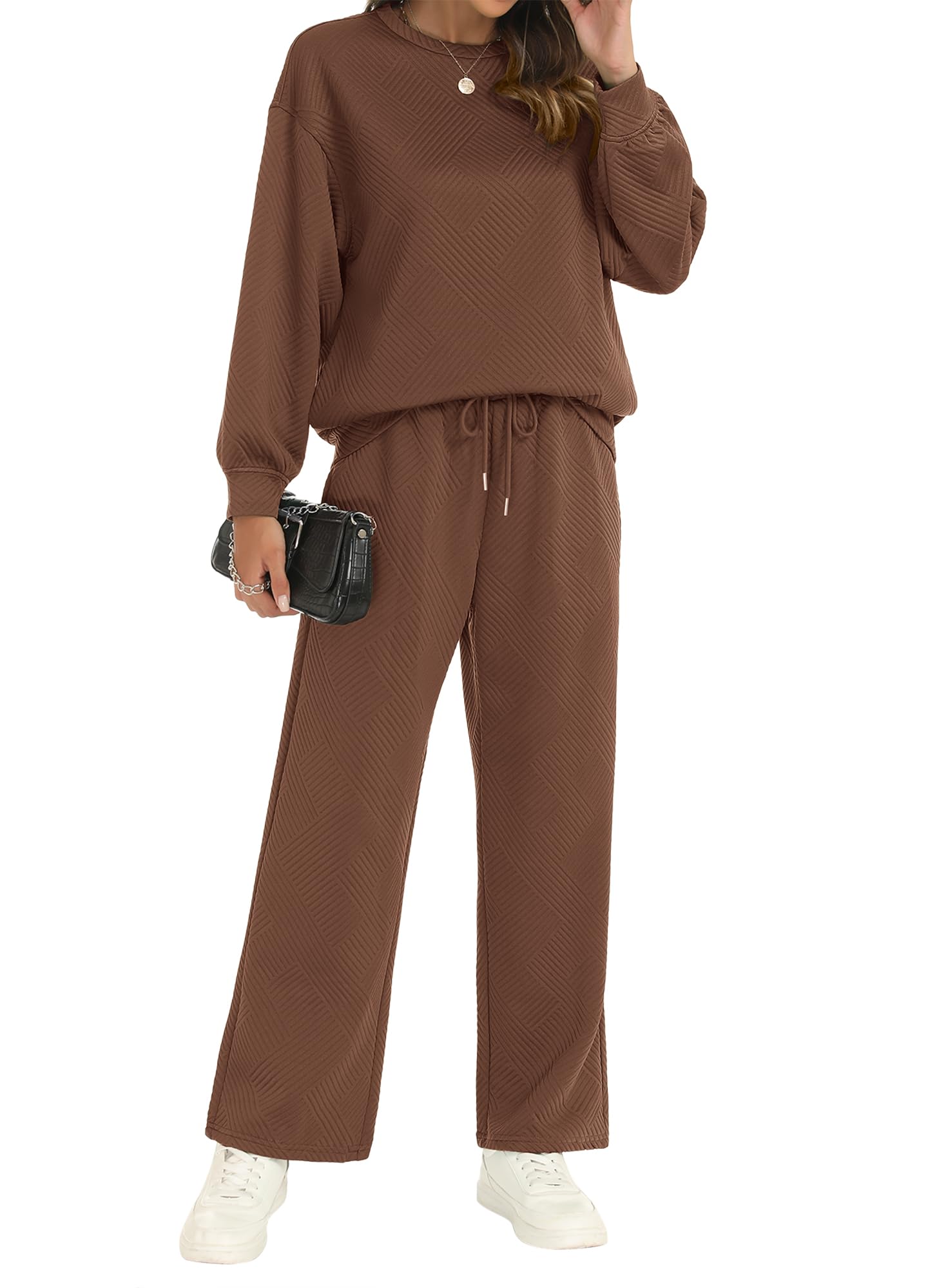 Women's 2-Piece Fall Outfit Set - Long Sleeve Pullover Top & Drawstring Wide Leg Pants Textured Lounge Sweatsuit | Cozy Autumn Loungewear for Home, Travel & Casual Outings