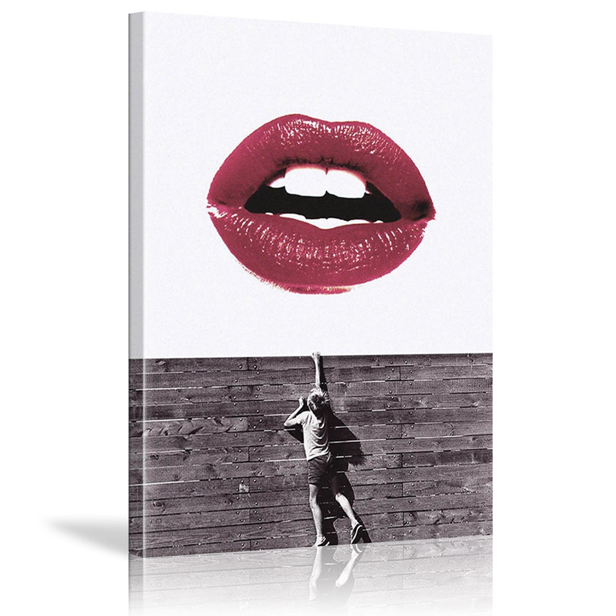 Abstract Pop Art Graffiti Banksy Style Lips & Boy Canvas Print - Modern Wall Art Decor for Bedroom, Living Room & Office - Ready to Hang Framed Poster (80x120cm/32×47 inches) - Perfect for Urban Home Decor & Gift Giving