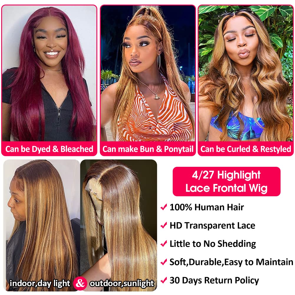 Flady Ombre Lace Front Human Hair Wig - Pre Plucked 4/27 Honey Blonde HD Lace Frontal Wig for Black Women | 150% Density Straight Human Hair Wig | Perfect for Daily Wear, Cosplay & Special Occasions