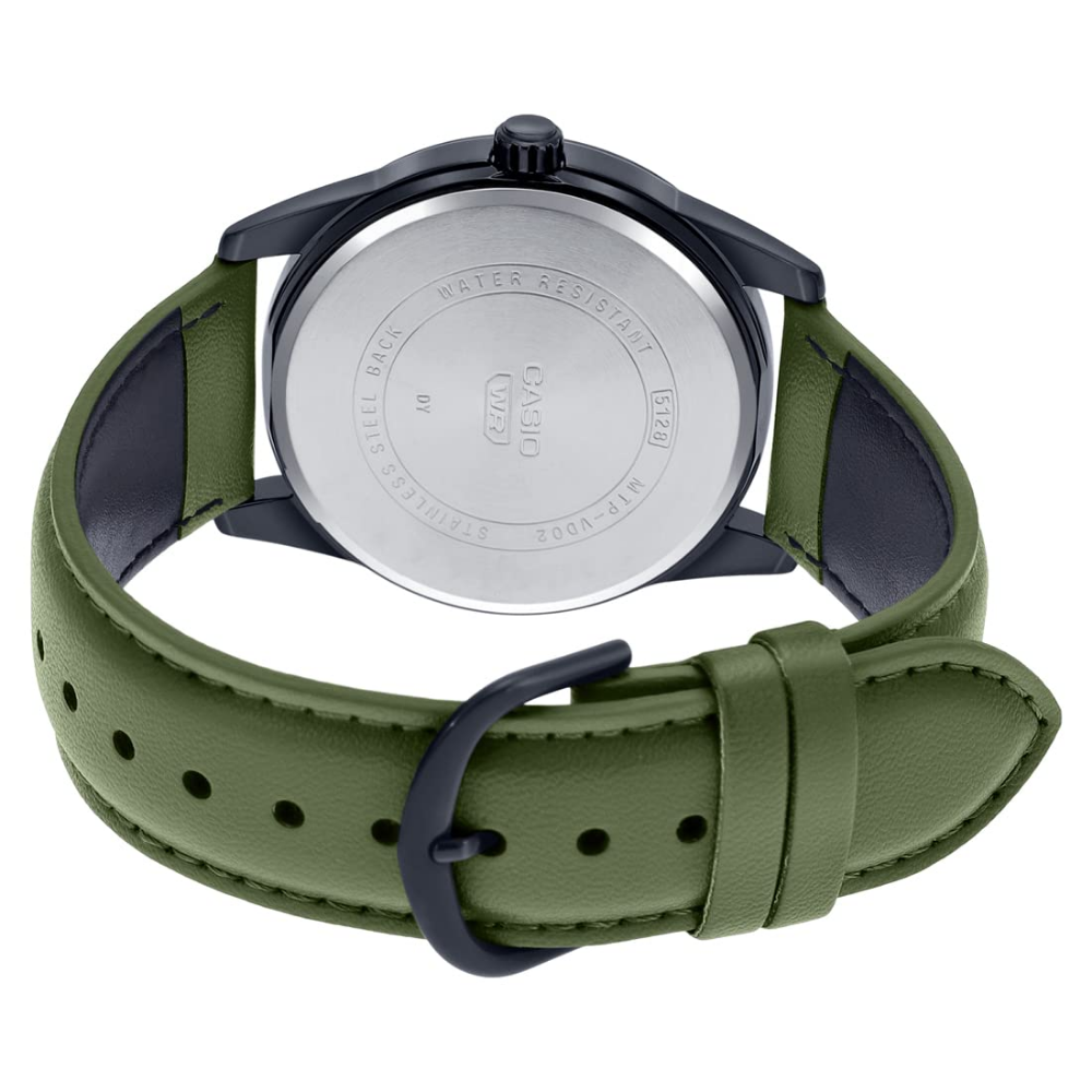 CASIO MTP-VD02BL Analog Men's Watch with Green Leather Strap - Stylish & Durable for Business, Casual & Everyday Wear