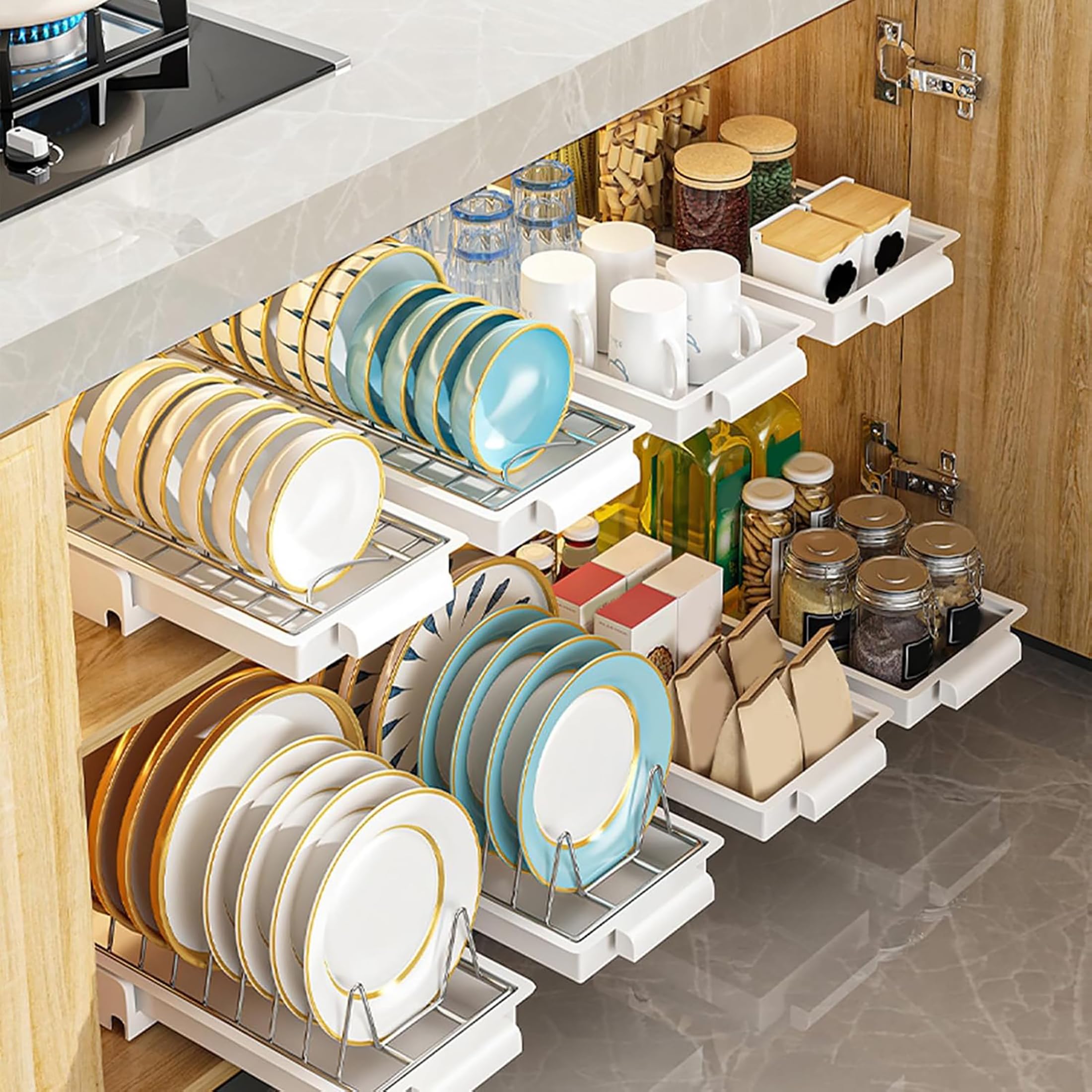MosQuick® Stainless Steel Slide Out Organizer - Kitchen Plate Stand, Dish Rack & Drainer with Adhesive Tape - Perfect for Countertop, Cabinet Storage & Dish Drying Organization