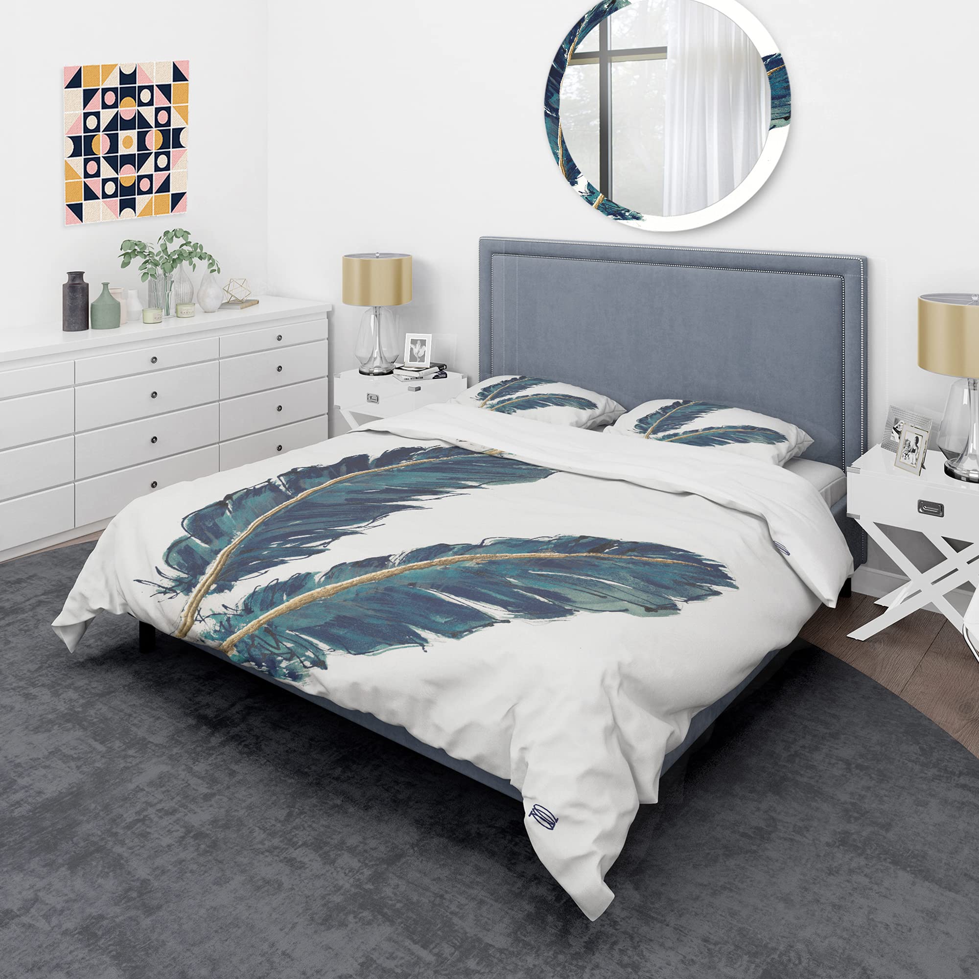 Bohemian Feather Duvet Cover Set - Gold Indigo Animal Print Twin Size 3-Piece Bedding | All Season Soft Luxury Duvet Cover for Eclectic Home Decor | Perfect for Guest Rooms, Dorms & Boho Chic Bedrooms