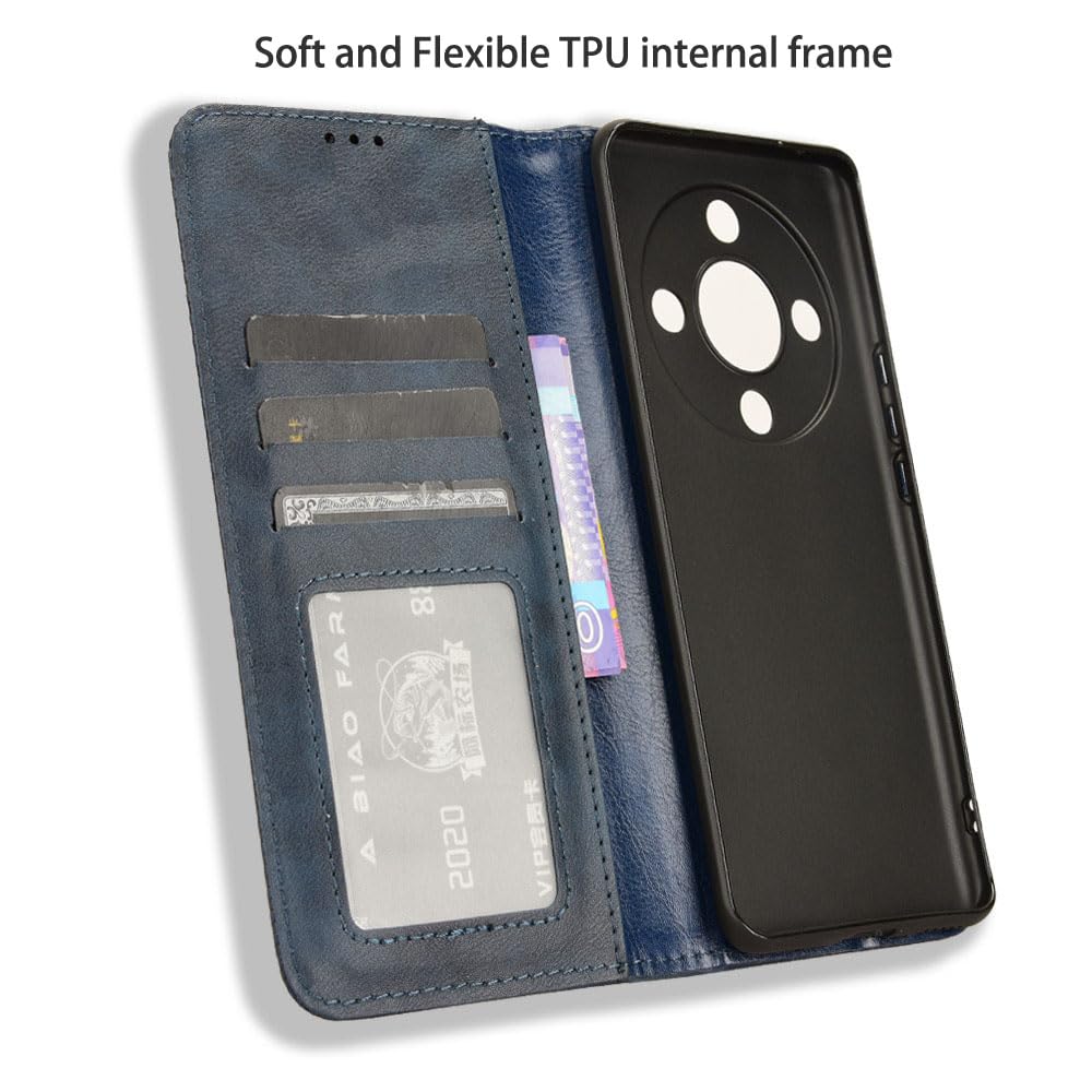Premium Leather Wallet Case for Honor Magic6 Lite - Magnetic Flip Cover with Card Holder & Kickstand (Blue) | Slim Protective Phone Case with RFID Blocking | Perfect for Business, Travel & Everyday Use