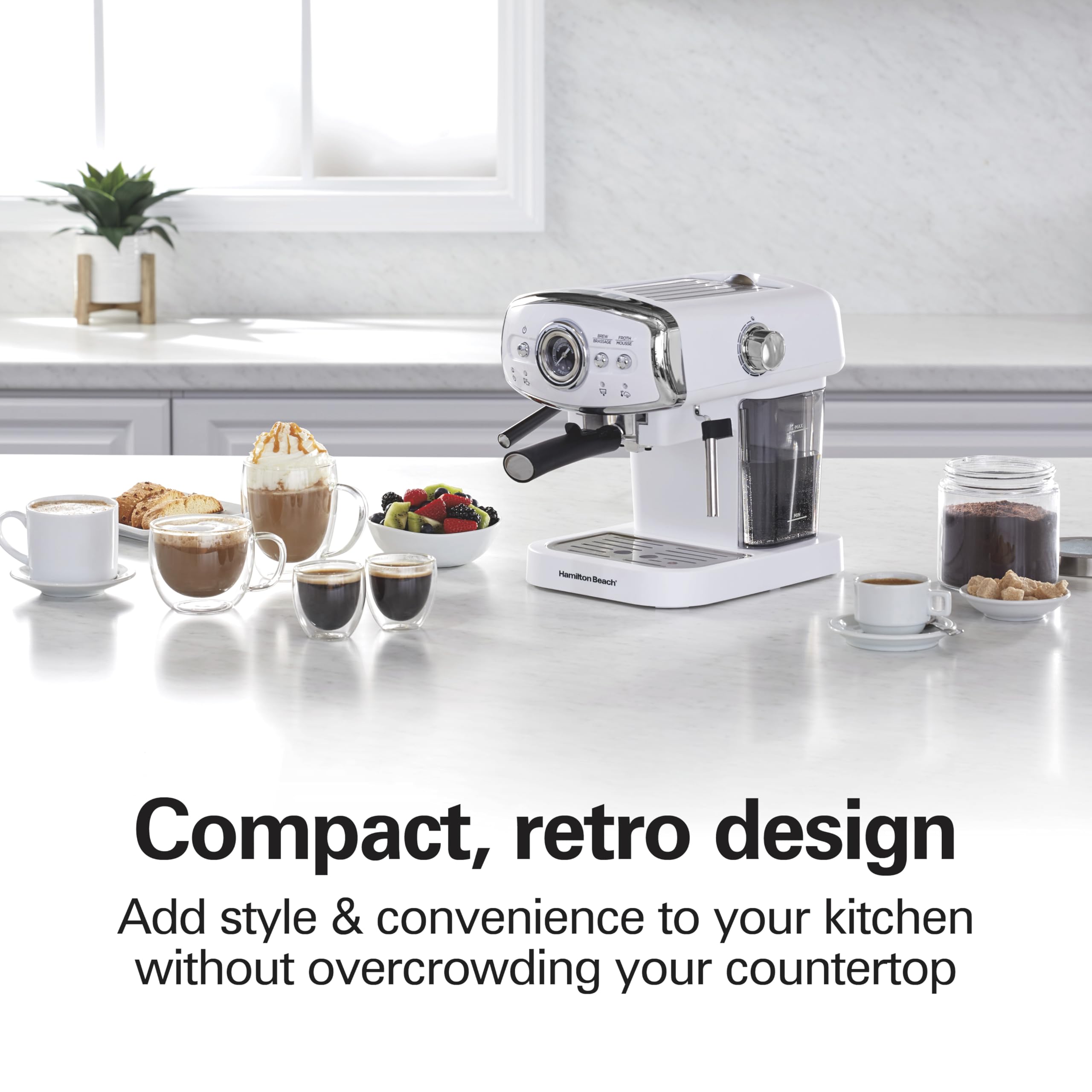 Hamilton Beach 15 Bar Espresso Machine with Milk Frother - Compact Slide & Lock Design for Cappuccino & Latte - Removable Water Reservoir & Dual Spouts - Retro White (40731) - Perfect for Home Coffee Bars & Small Kitchens