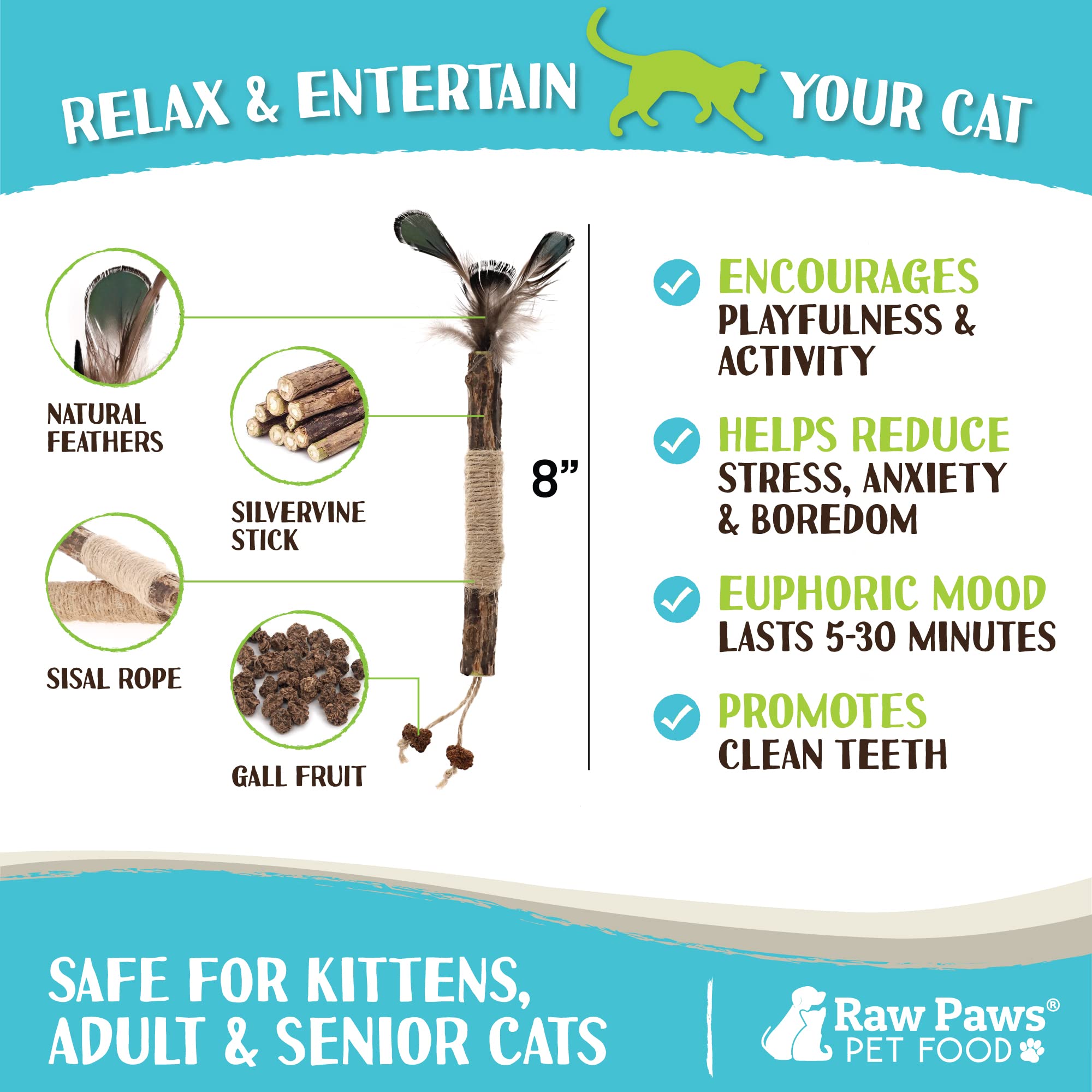 Raw Paws Silvervine Stick Cat Toys - 3 Pack Interactive Catnip & Feather Toys for Indoor Cats | Kicker Toy with Matatabi Sticks | Perfect for Playtime, Exercise & Bonding with Your Feline