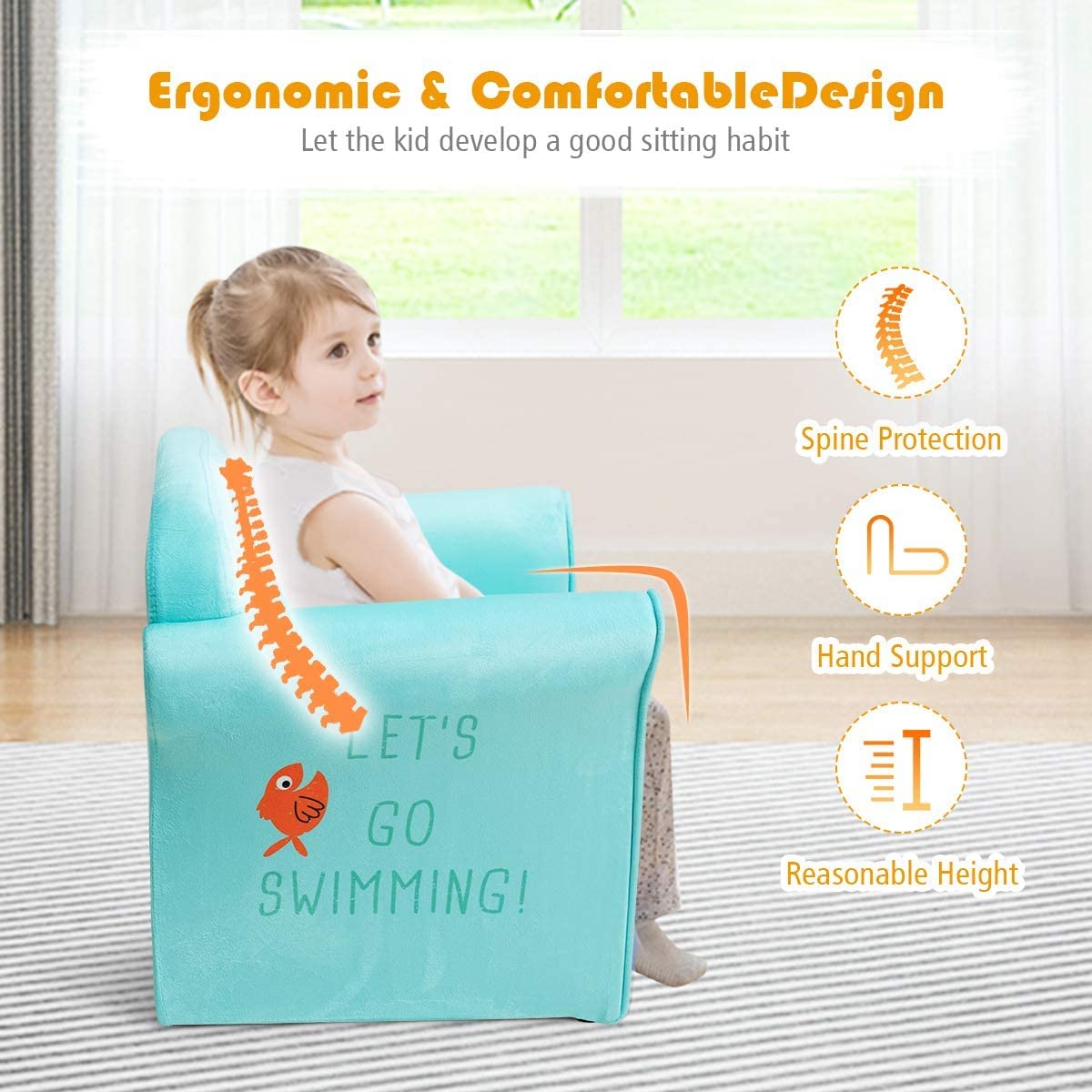 Fireflowery Kids Sofa with Cartoon Pattern - High Back Armrest Chair for Toddlers, High-Resilience Sponge Cushion, Lightweight Children's Furniture for Boys & Girls (Blue) - Perfect for Playroom, Bedroom & Nursery Decor